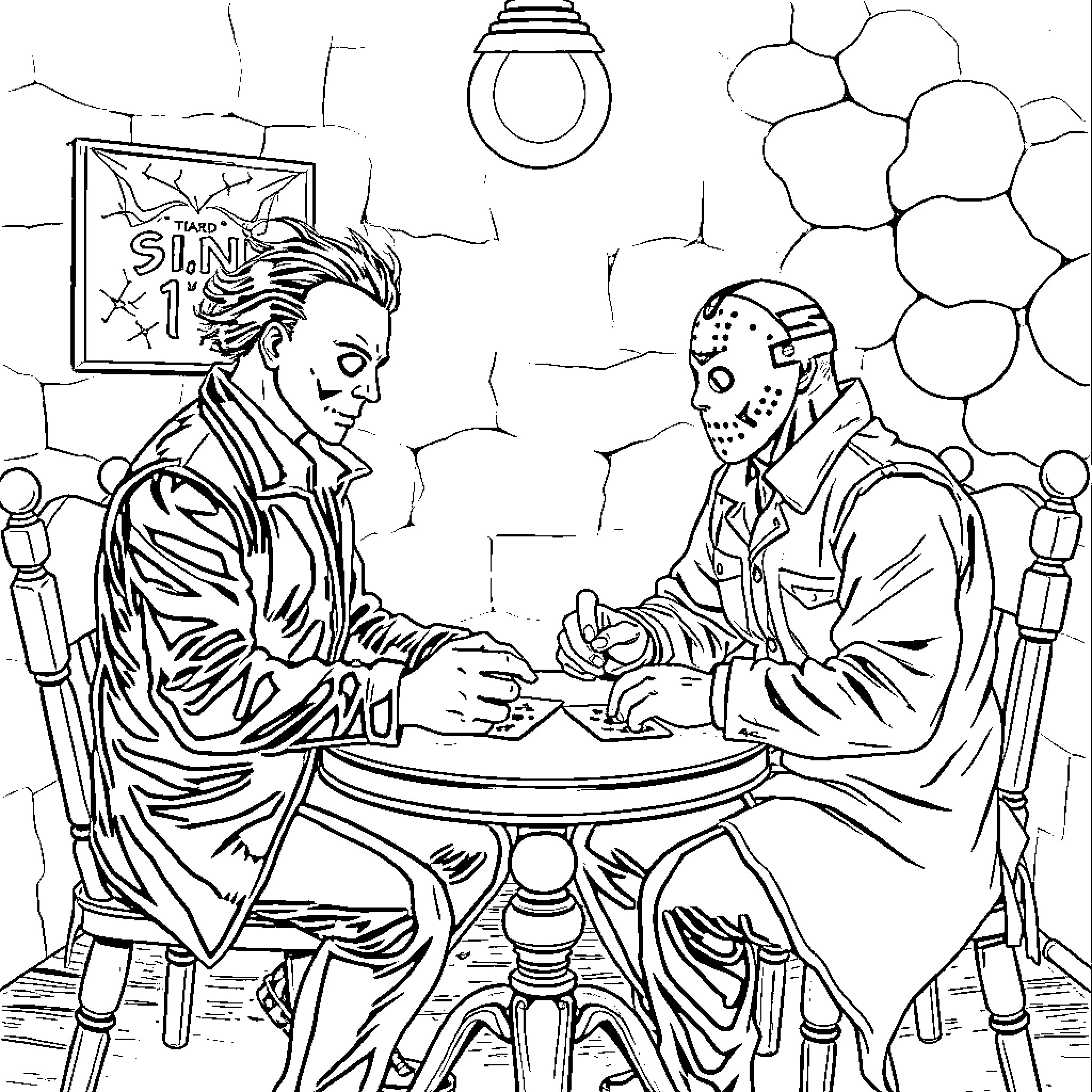 Michael Myers Signs Contract with Jason Voorhees Coloring Page (free black-and-white line drawing printable PDF for all, from beginners to advanced learners, including children, teens, adults, and seniors)