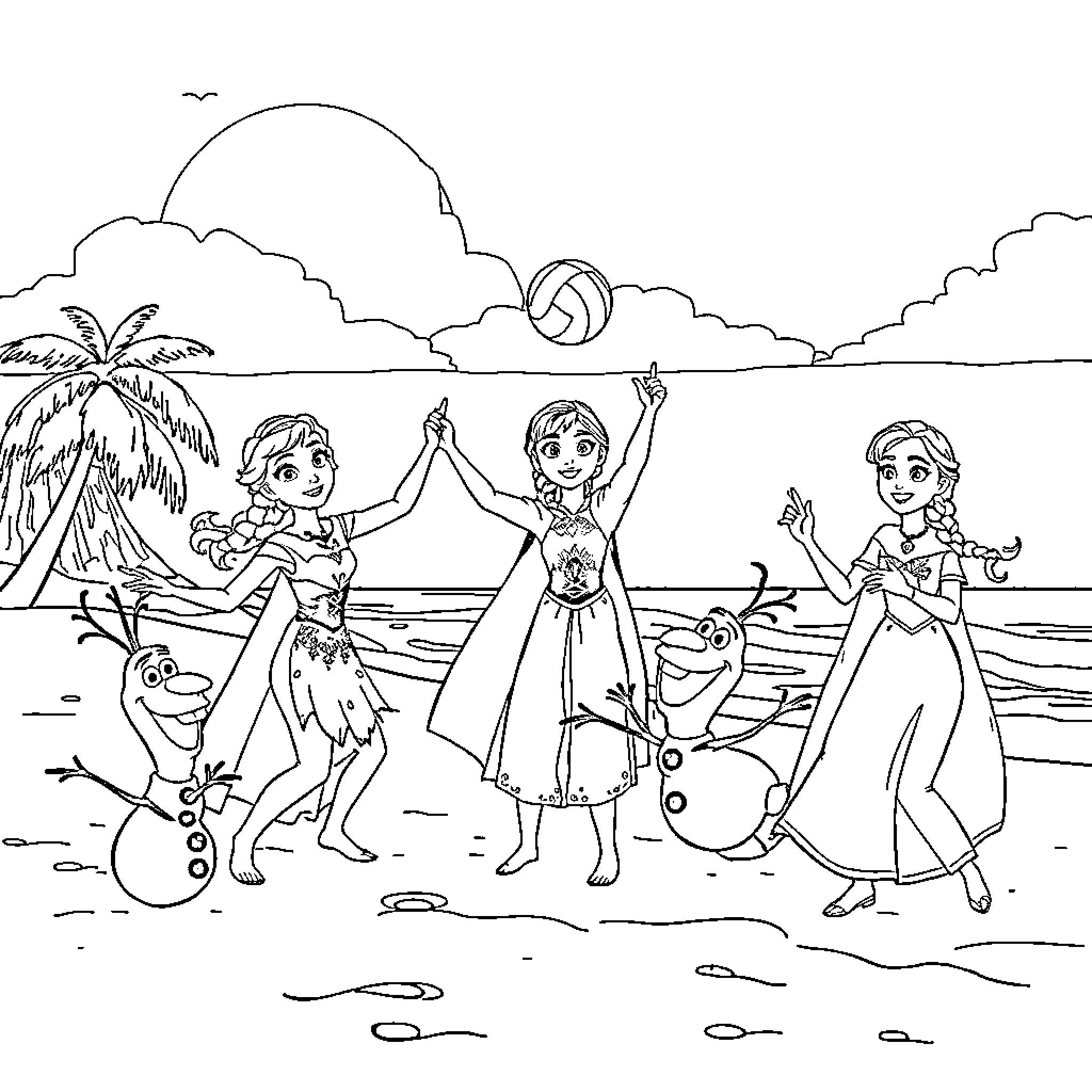 Frozen Characters Playing on the Beach Coloring Page (free black-and-white line drawing printable PDF for all, from beginners to advanced learners, including children, teens, adults, and seniors)