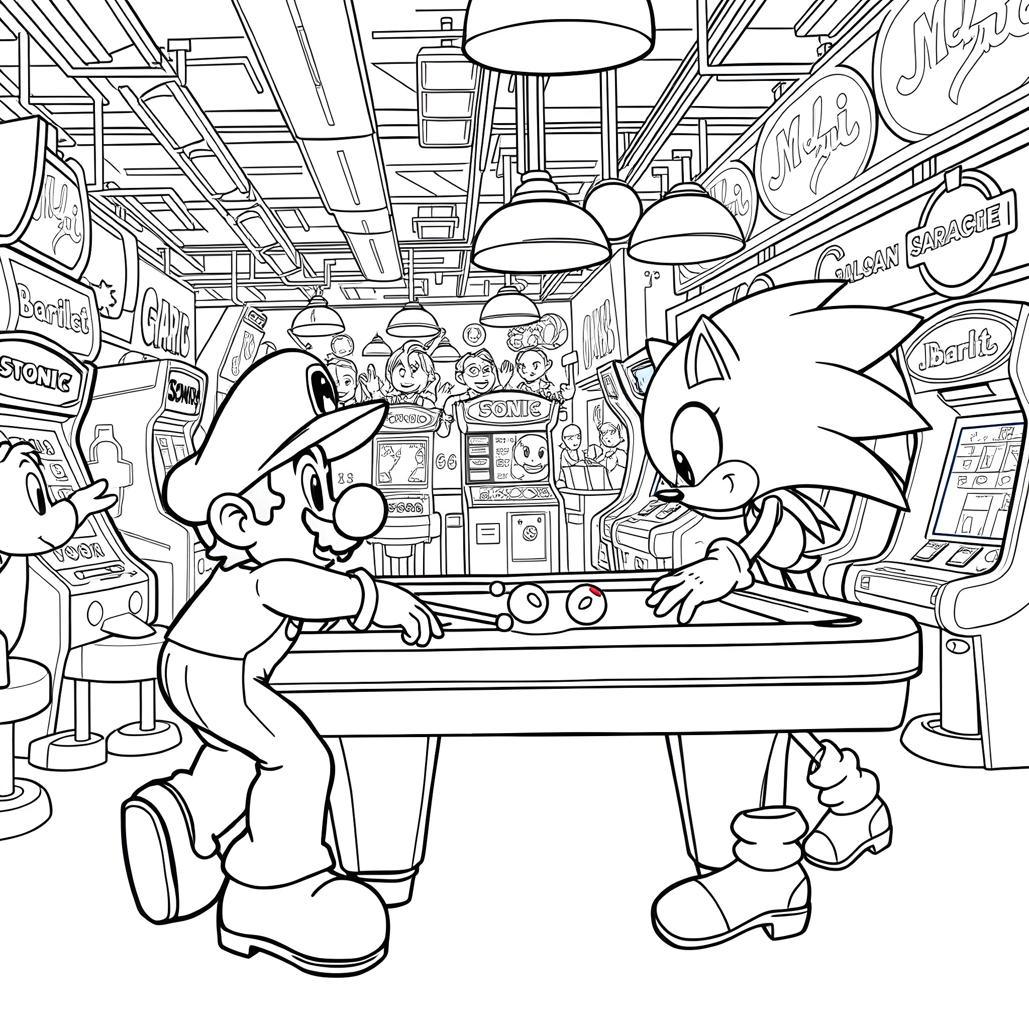 Mario and Sonic playing arcade games in a retro gaming store Coloring Page (free black-and-white line drawing printable PDF for all, from beginners to advanced learners, including children, teens, adults, and seniors)