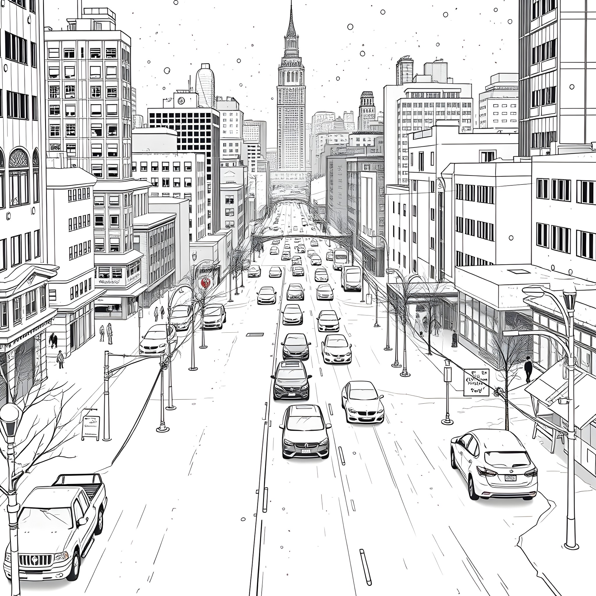 Snowy cityscape with busy city traffic Coloring Page (free black-and-white line drawing printable PDF for all, from beginners to advanced learners, including children, teens, adults, and seniors)