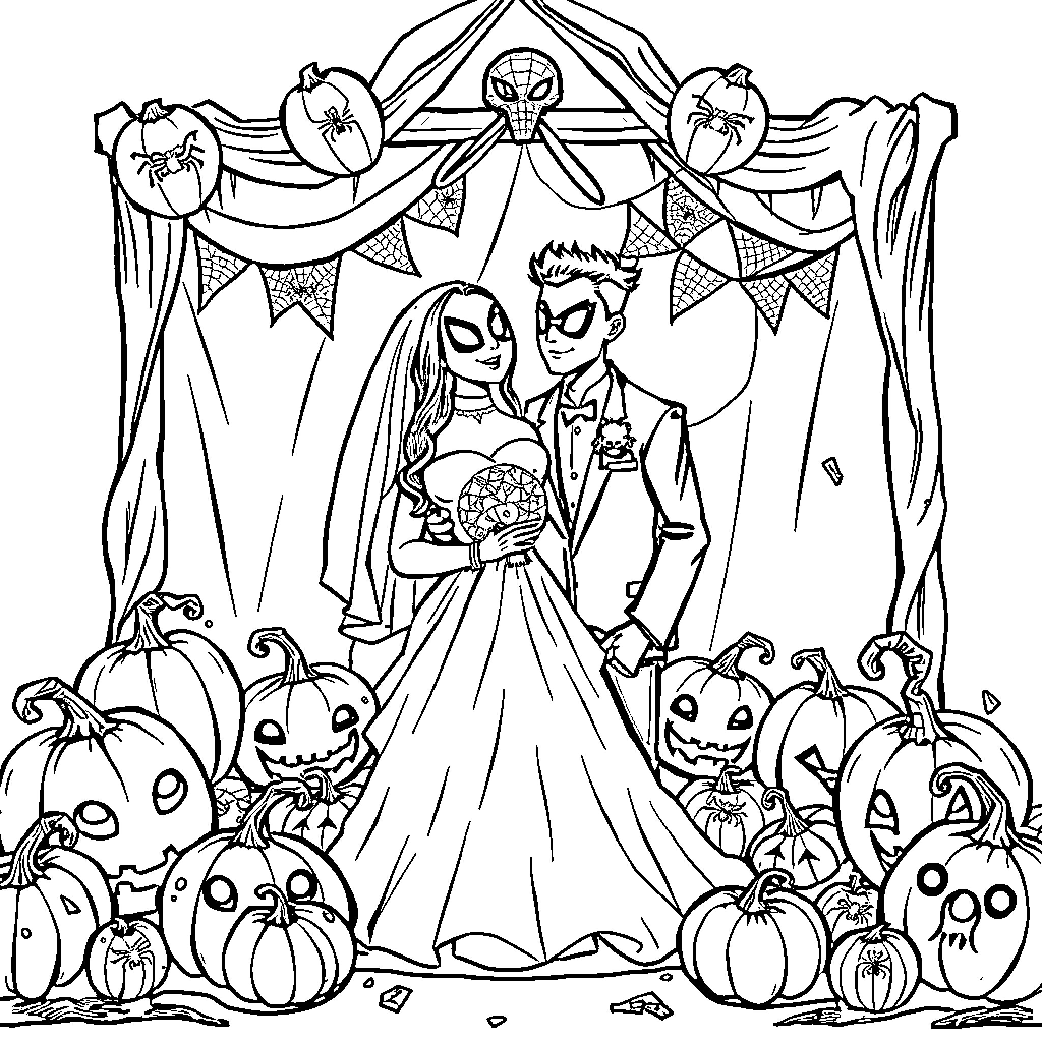 Spider-themed wedding ceremony with pumpkins Coloring Page (free black-and-white line drawing printable PDF for all, from beginners to advanced learners, including children, teens, adults, and seniors)