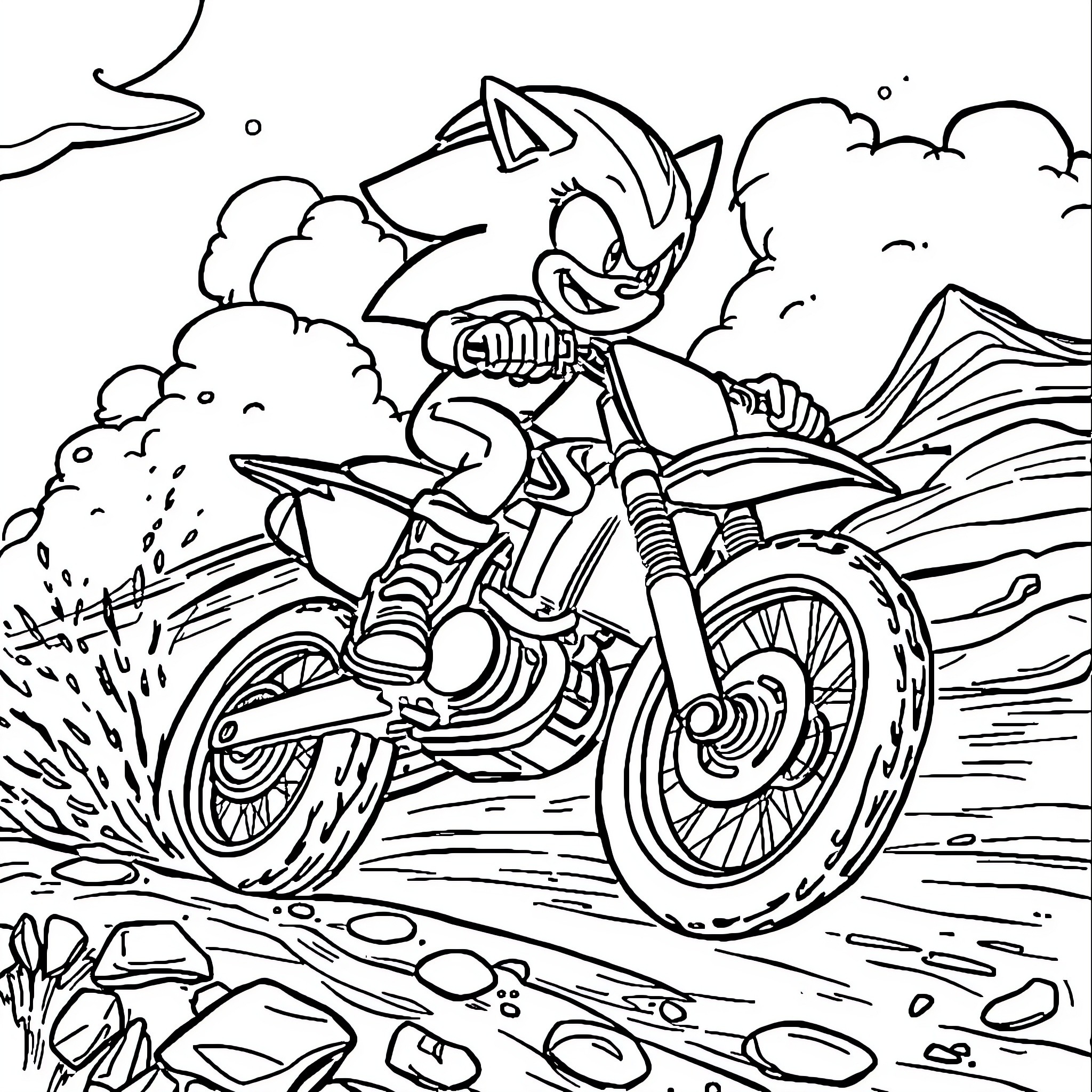 Sonic racing on a dirt motorcycle through the mountains Coloring Page (free black-and-white line drawing printable PDF for all, from beginners to advanced learners, including children, teens, adults, and seniors)