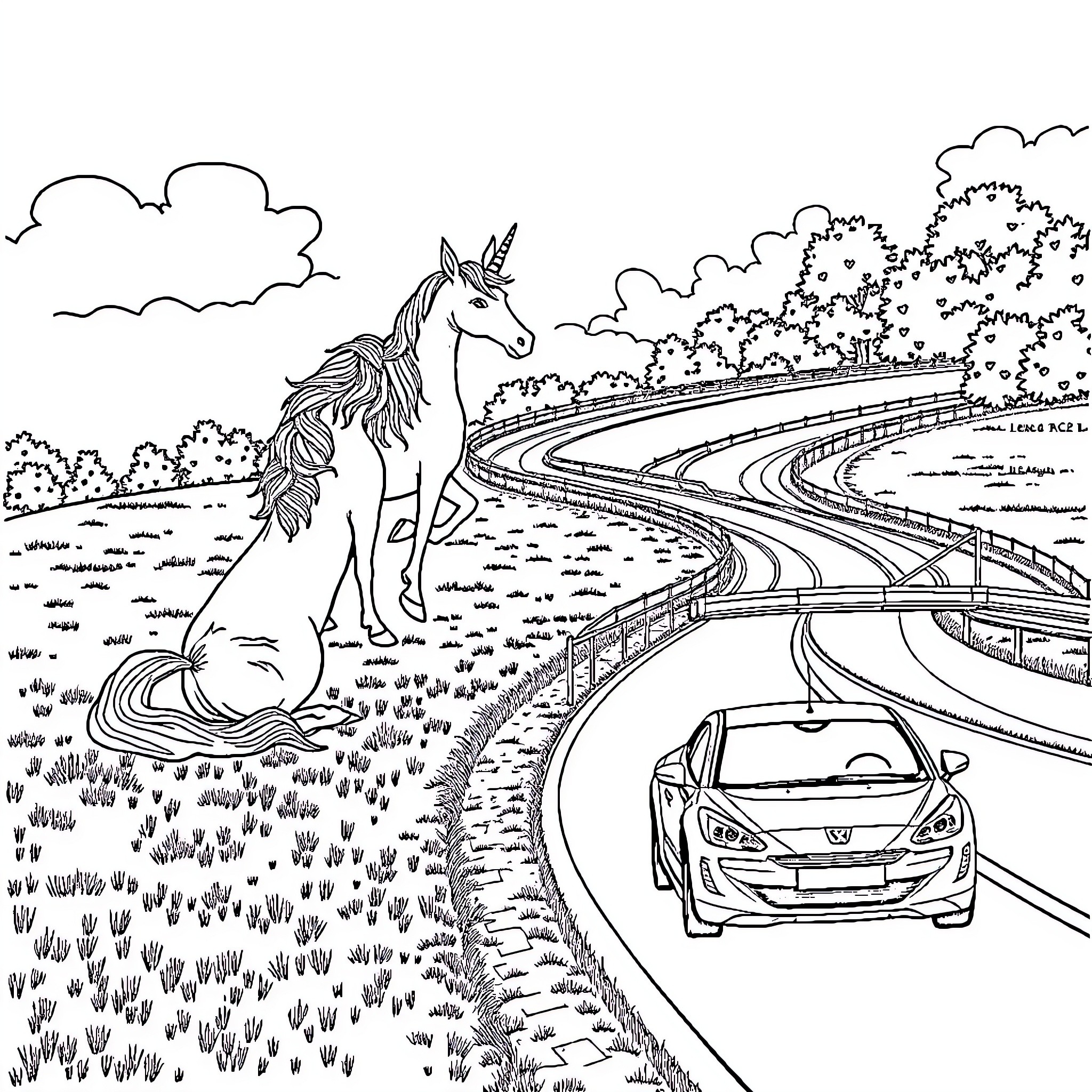 Unicorn Guiding Car on Winding Road Through Countryside Coloring Page (free black-and-white line drawing printable PDF for all, from beginners to advanced learners, including children, teens, adults, and seniors)