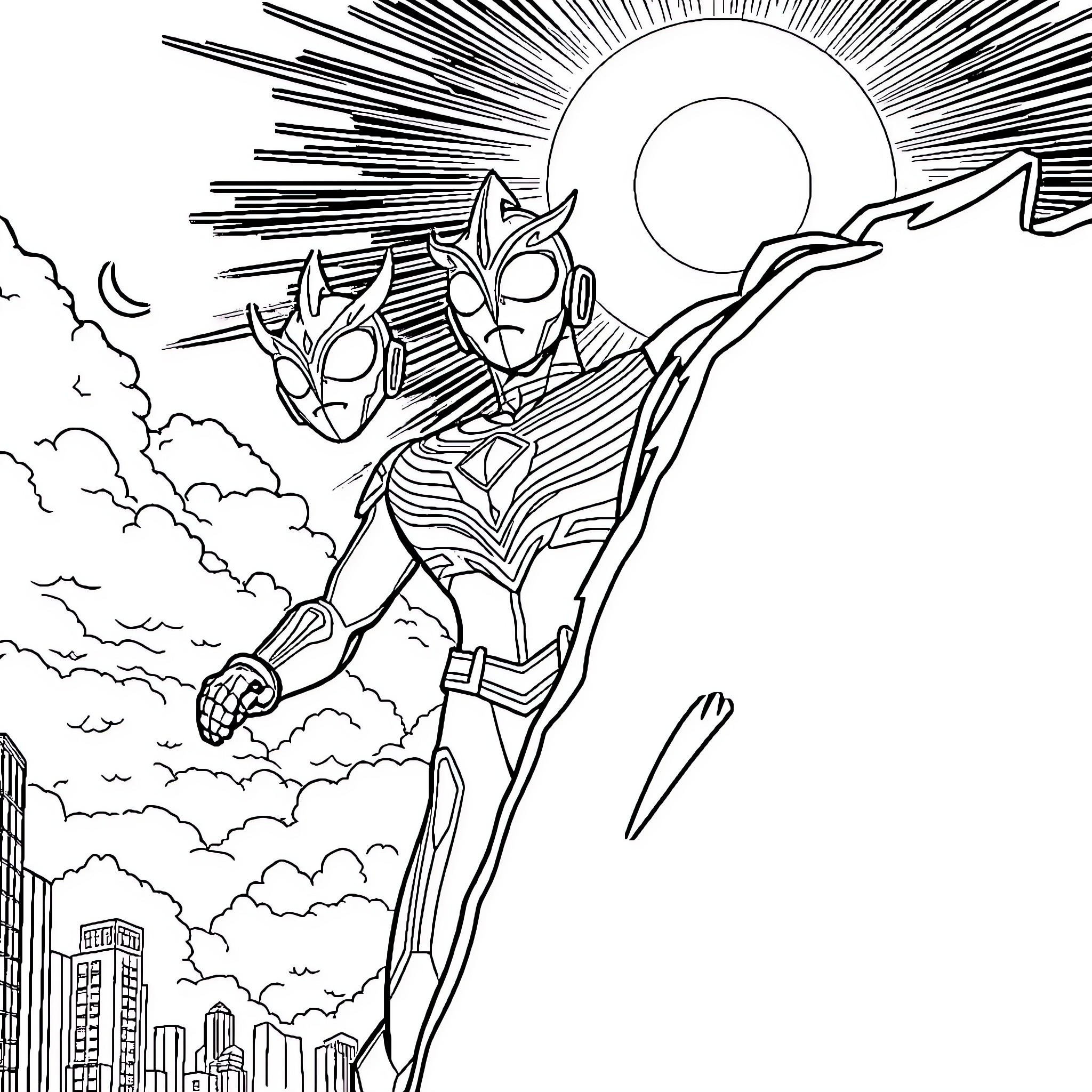 Ultraman heroic duo soaring over cityscape Coloring Page (free black-and-white line drawing printable PDF for all, from beginners to advanced learners, including children, teens, adults, and seniors)