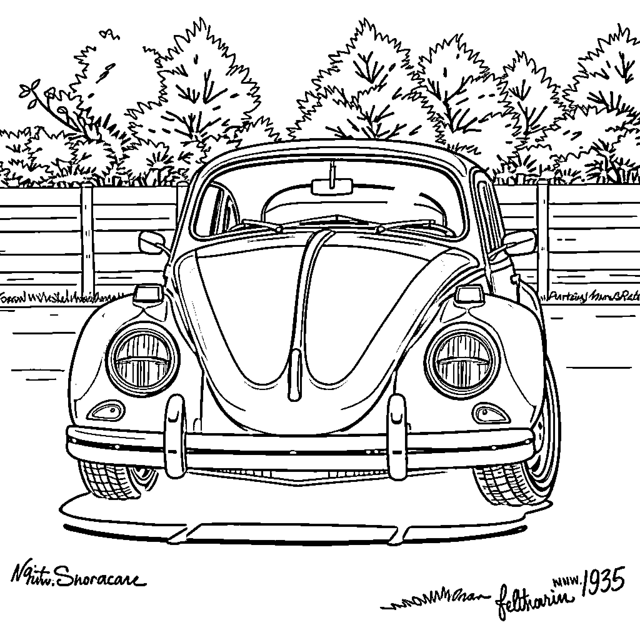 VW Beetle in a wooded scene Coloring Page (free black-and-white line drawing printable PDF for all, from beginners to advanced learners, including children, teens, adults, and seniors)