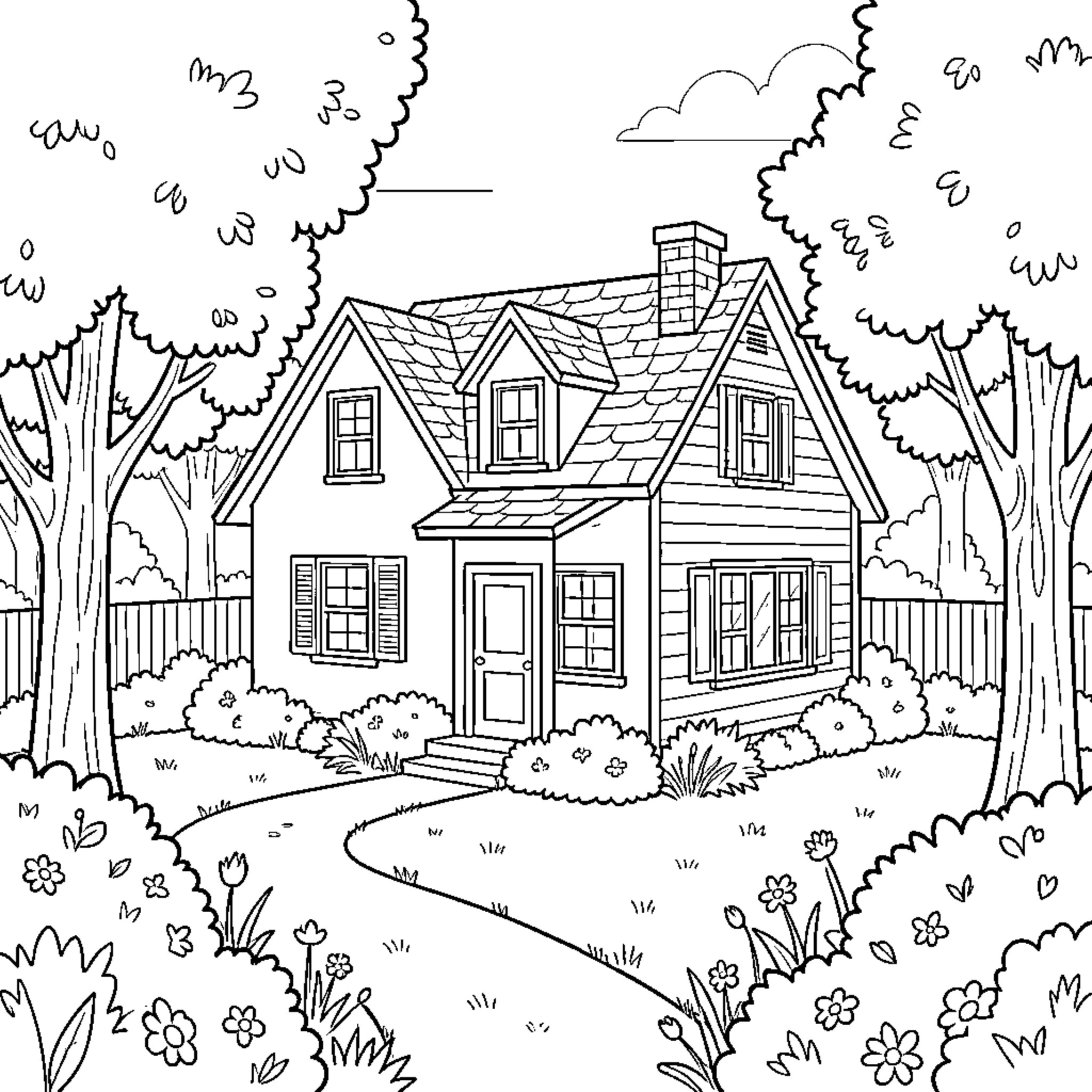 House surrounded by lush trees and blooming flowers Coloring Page (free black-and-white line drawing printable PDF for all, from beginners to advanced learners, including children, teens, adults, and seniors)