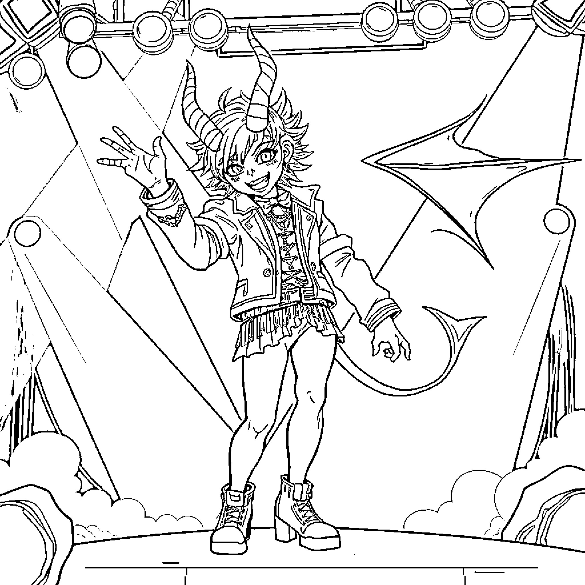 Kpop Demon's Energetic Stage Performance Coloring Page (free black-and-white line drawing printable PDF for all, from beginners to advanced learners, including children, teens, adults, and seniors)