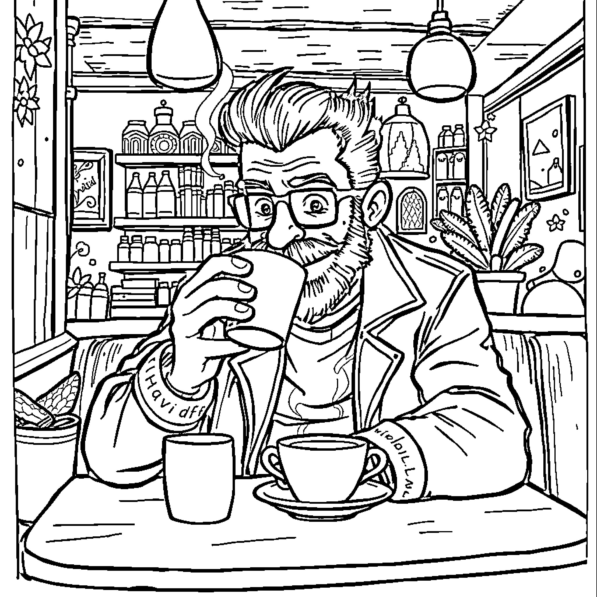 Mikecrack's quirky cafe adventures Coloring Page (free black-and-white line drawing printable PDF for all, from beginners to advanced learners, including children, teens, adults, and seniors)
