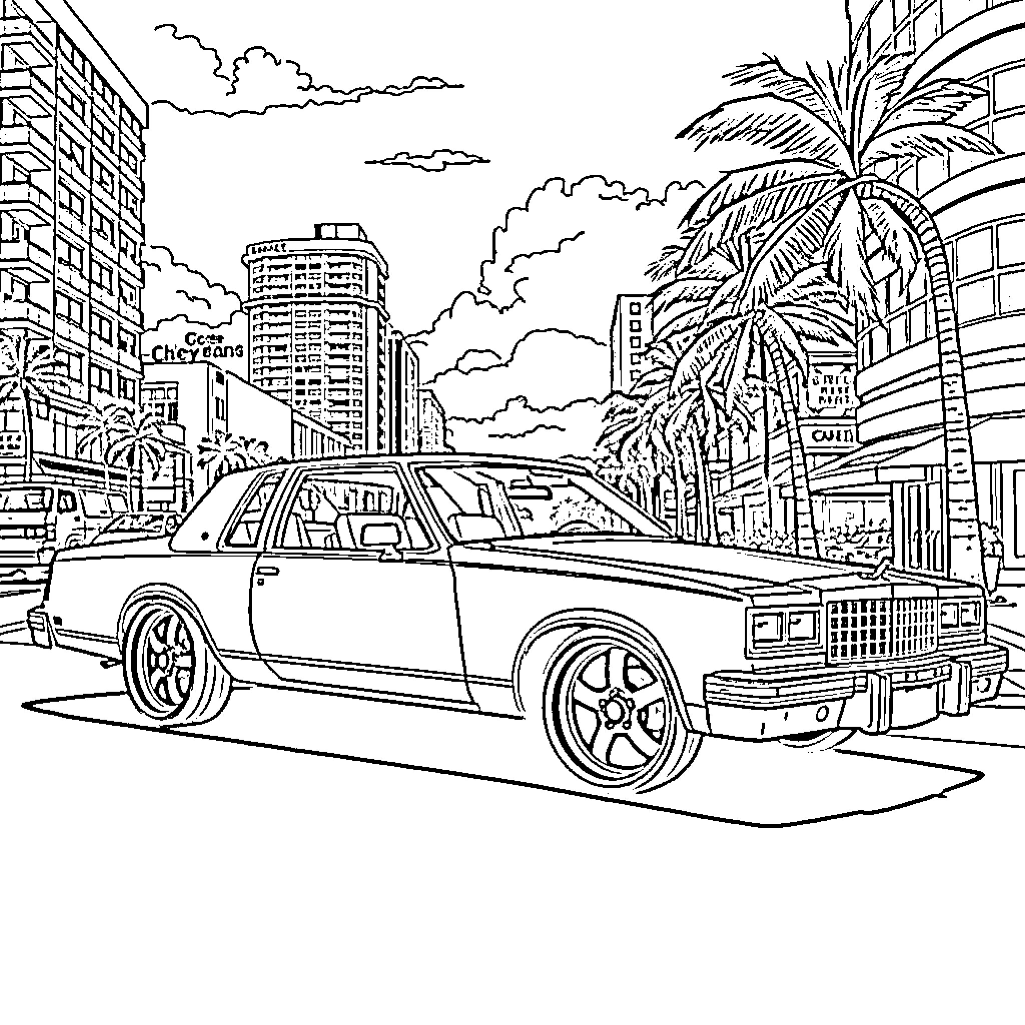 Chevy cruising through the city streets Coloring Page (free black-and-white line drawing printable PDF for all, from beginners to advanced learners, including children, teens, adults, and seniors)