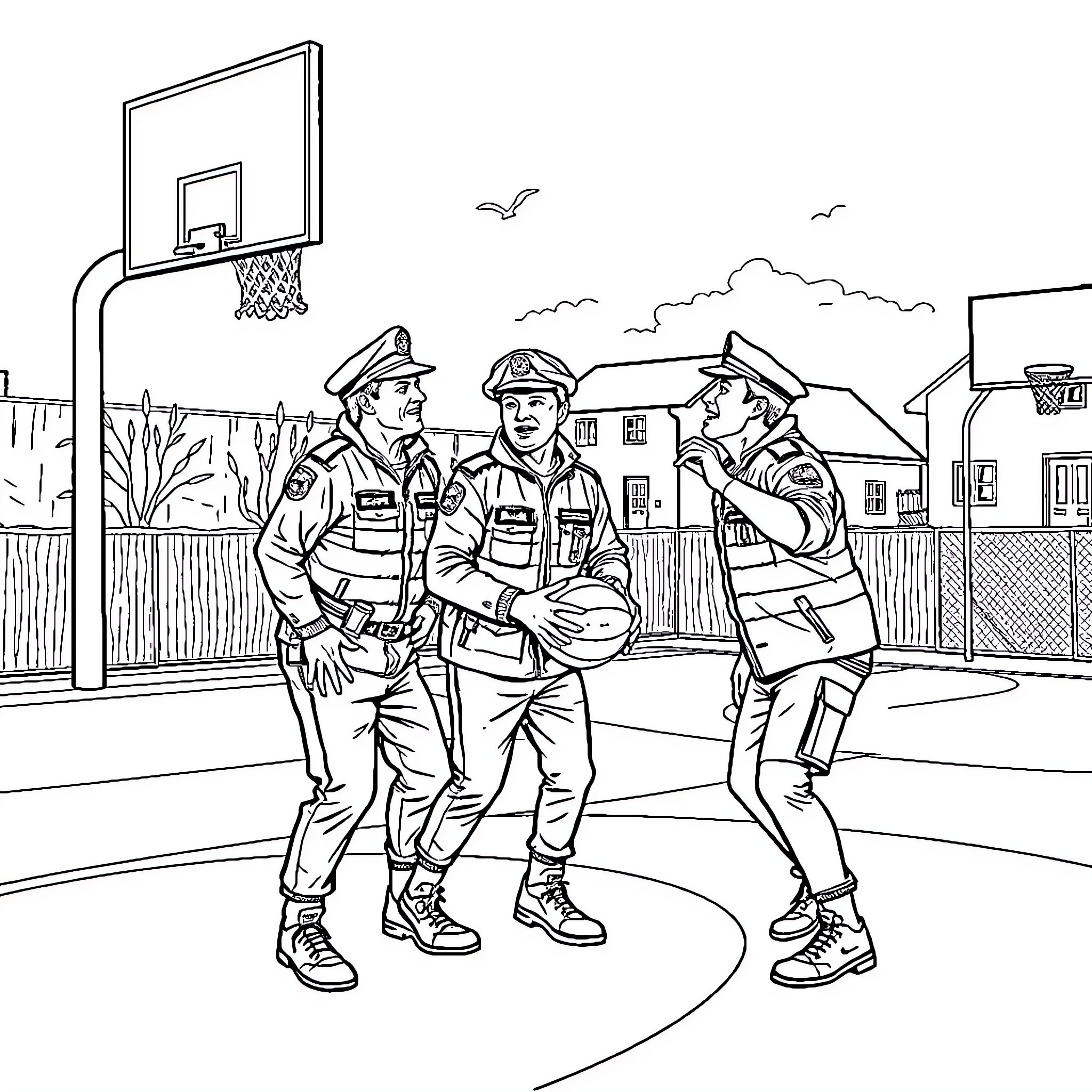Police Officers Discussing Situation in Outdoor Setting Coloring Page (free black-and-white line drawing printable PDF for all, from beginners to advanced learners, including children, teens, adults, and seniors)