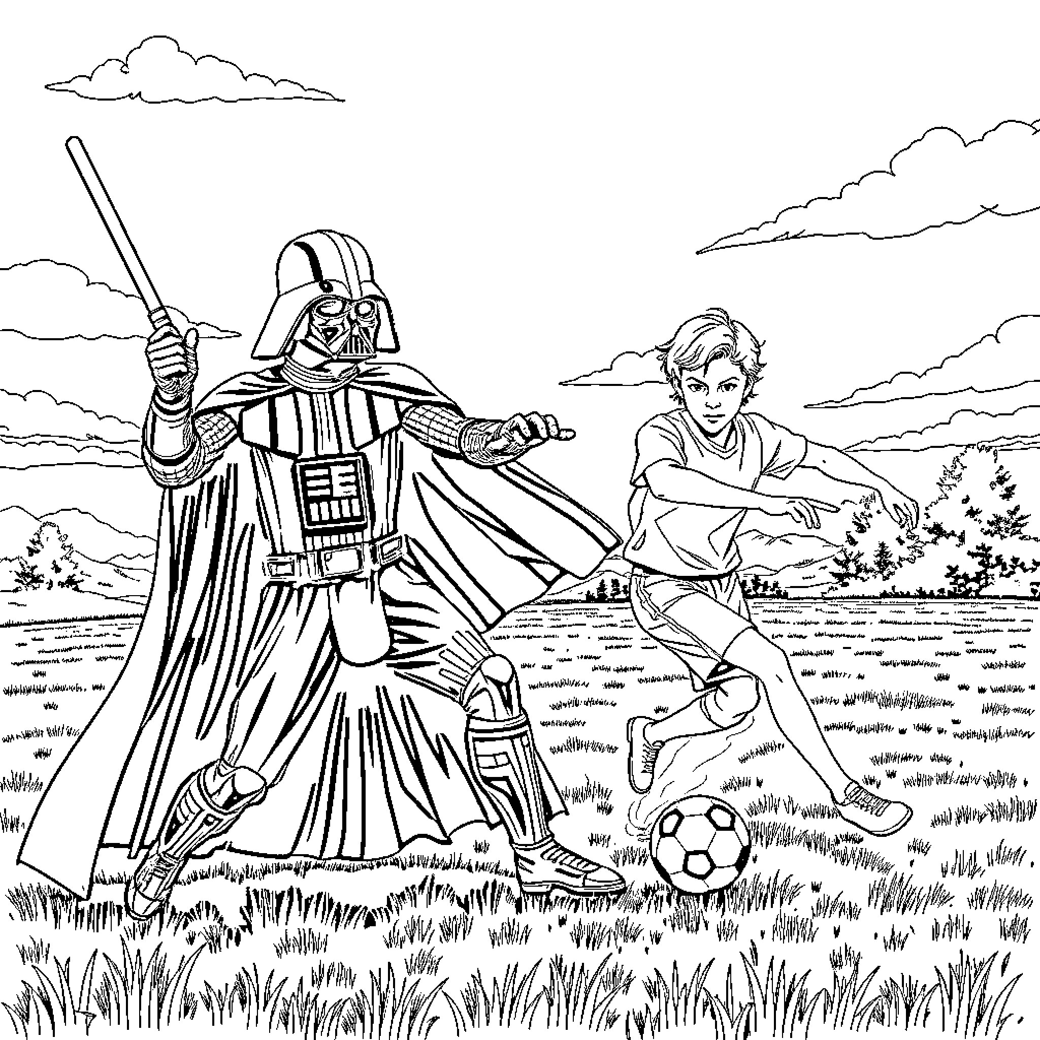 Star Wars Character Playing Soccer with Darth Vader Coloring Page (free black-and-white line drawing printable PDF for all, from beginners to advanced learners, including children, teens, adults, and seniors)