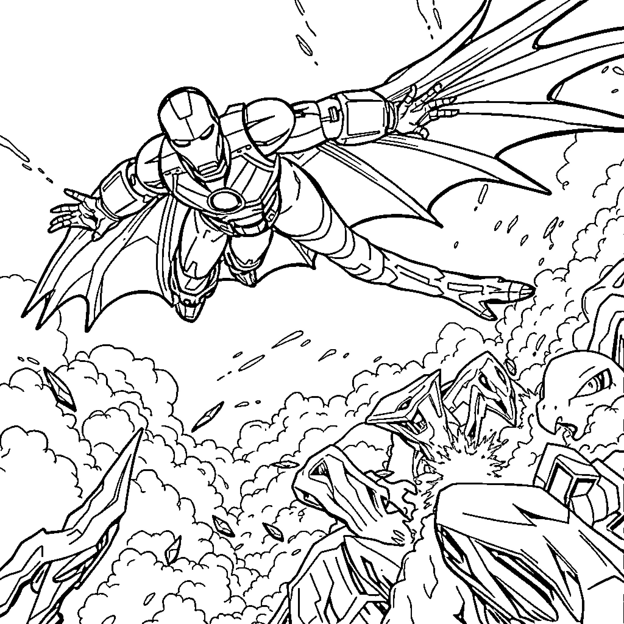 Ironman's heroic flight amid action and explosions Coloring Page (free black-and-white line drawing printable PDF for all, from beginners to advanced learners, including children, teens, adults, and seniors)