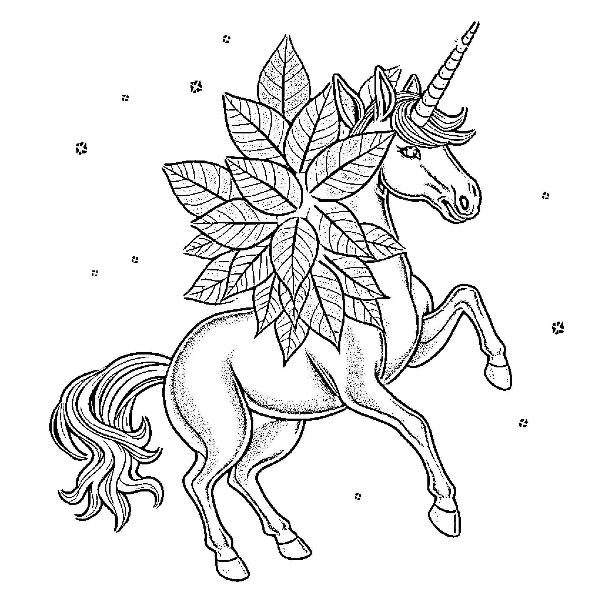 Unicorn prancing through a fantastical landscape Coloring Page (free black-and-white line drawing printable PDF for all, from beginners to advanced learners, including children, teens, adults, and seniors)
