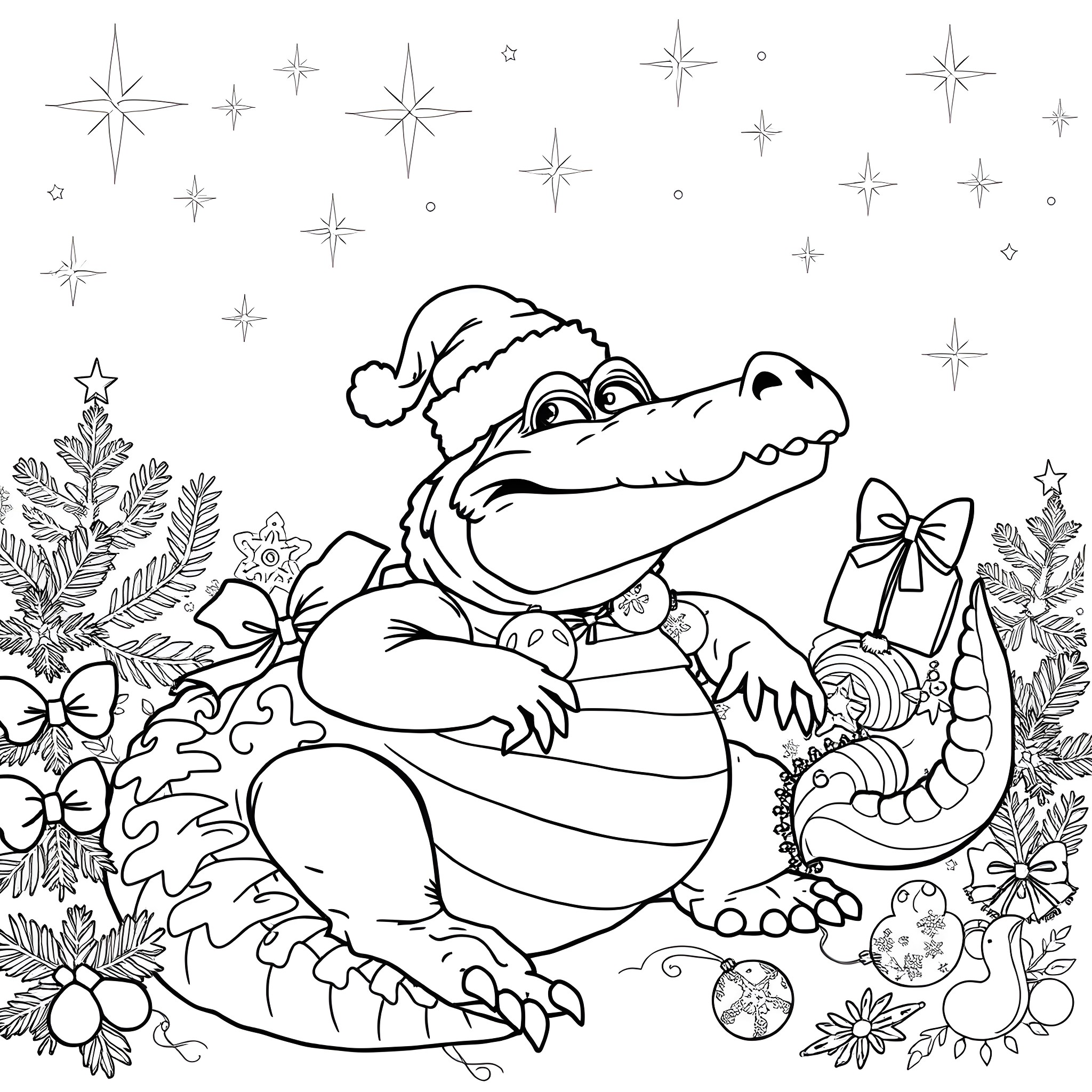 Crocodile celebrating Christmas with festive decorations Coloring Page (free black-and-white line drawing printable PDF for all, from beginners to advanced learners, including children, teens, adults, and seniors)