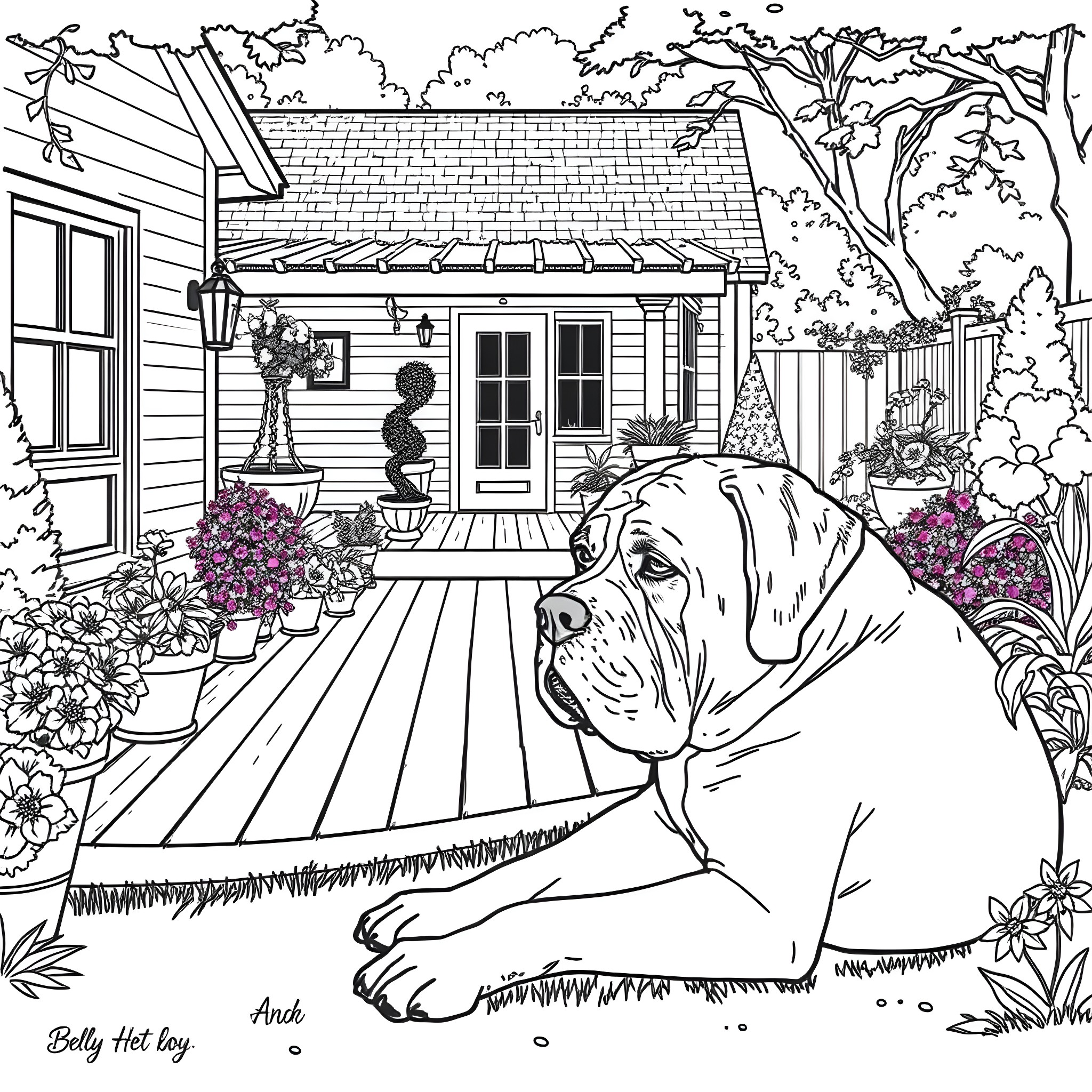 Mastiff guarding a cozy cottage in the garden Coloring Page (free black-and-white line drawing printable PDF for all, from beginners to advanced learners, including children, teens, adults, and seniors)