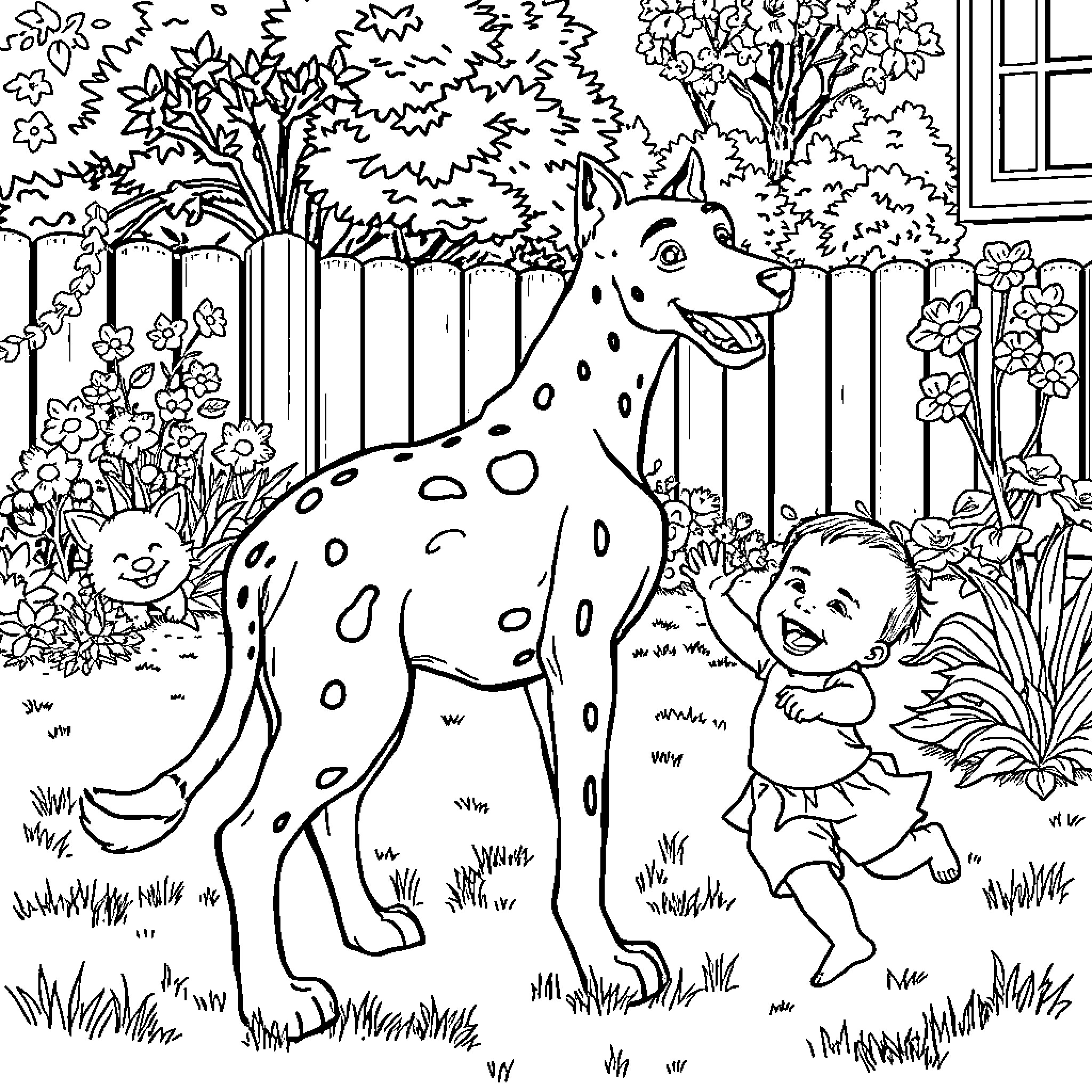 Dog playing with a child in the garden Coloring Page (free black-and-white line drawing printable PDF for all, from beginners to advanced learners, including children, teens, adults, and seniors)