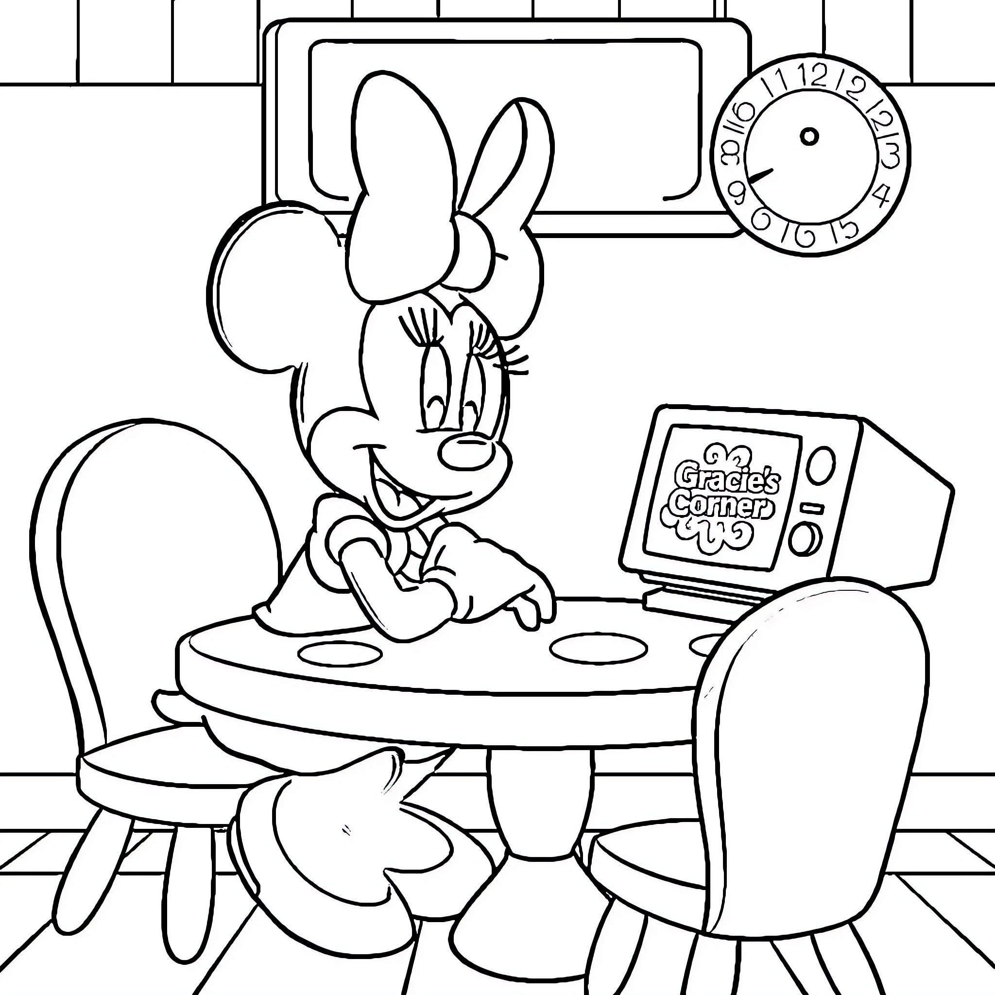Minnie Mouse playing with her computer at home Coloring Page (free black-and-white line drawing printable PDF for all, from beginners to advanced learners, including children, teens, adults, and seniors)