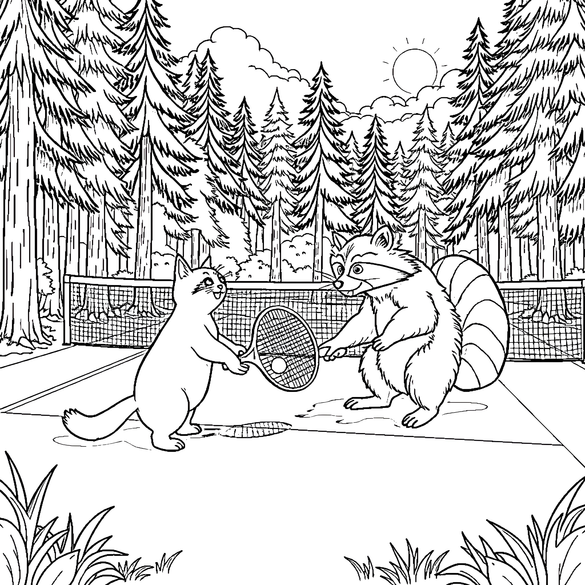Cats playing tennis in the forest Coloring Page (free black-and-white line drawing printable PDF for all, from beginners to advanced learners, including children, teens, adults, and seniors)
