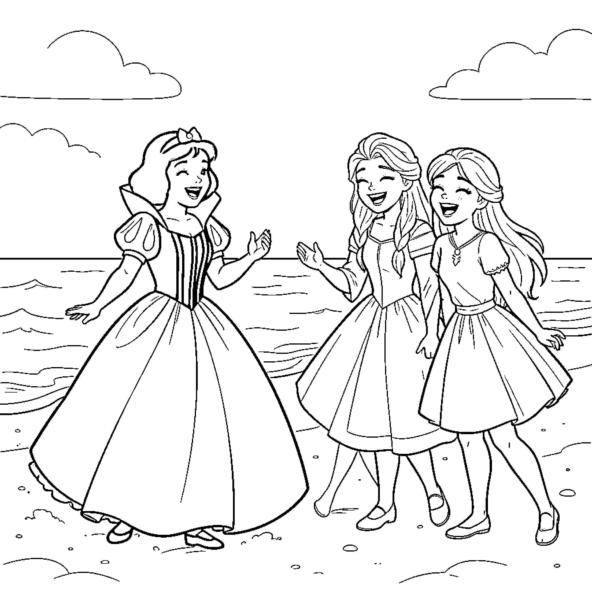 Snow White and her friends enjoying a day at the beach Coloring Page (free black-and-white line drawing printable PDF for all, from beginners to advanced learners, including children, teens, adults, and seniors)