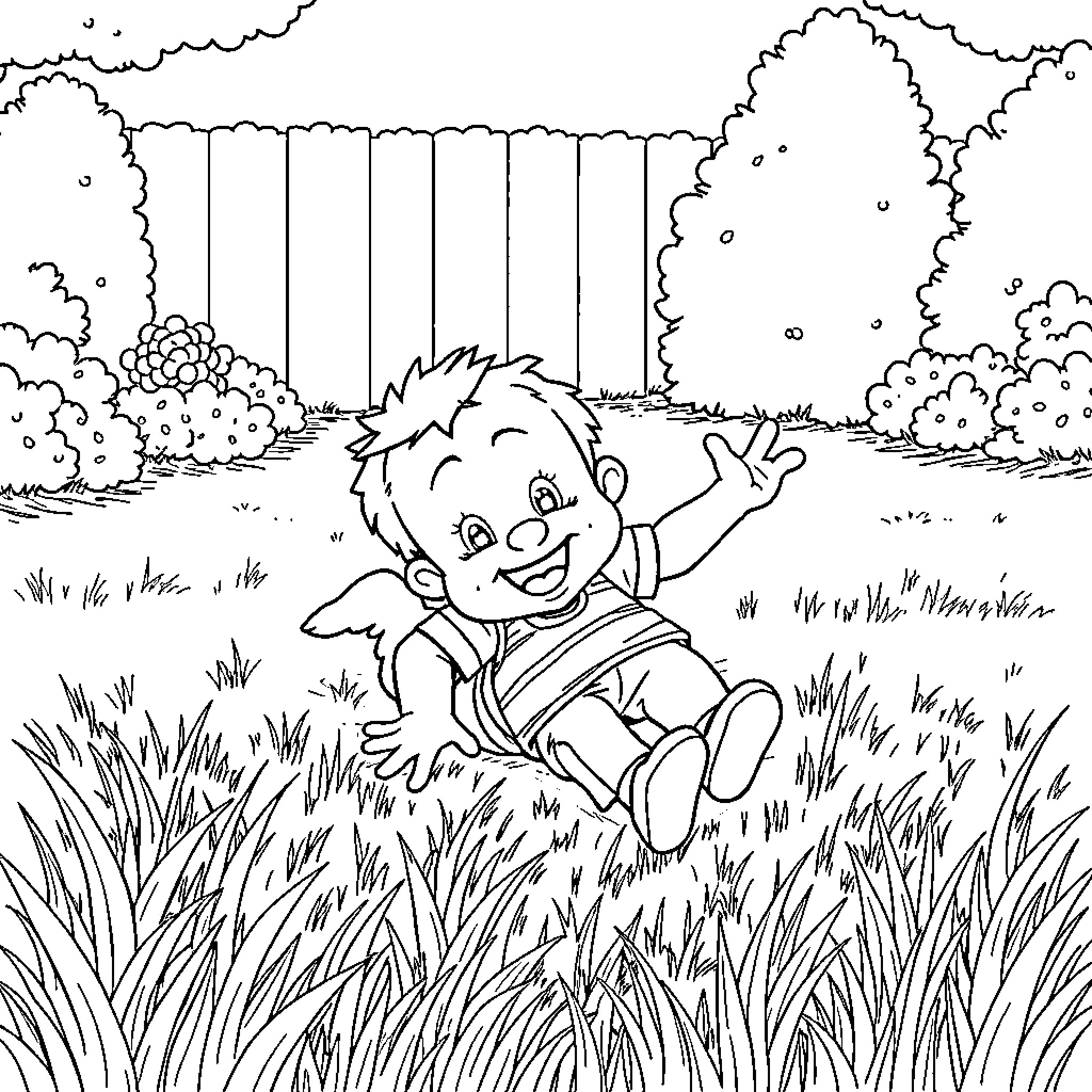 Grandad playing happily in the grass Coloring Page (free black-and-white line drawing printable PDF for all, from beginners to advanced learners, including children, teens, adults, and seniors)