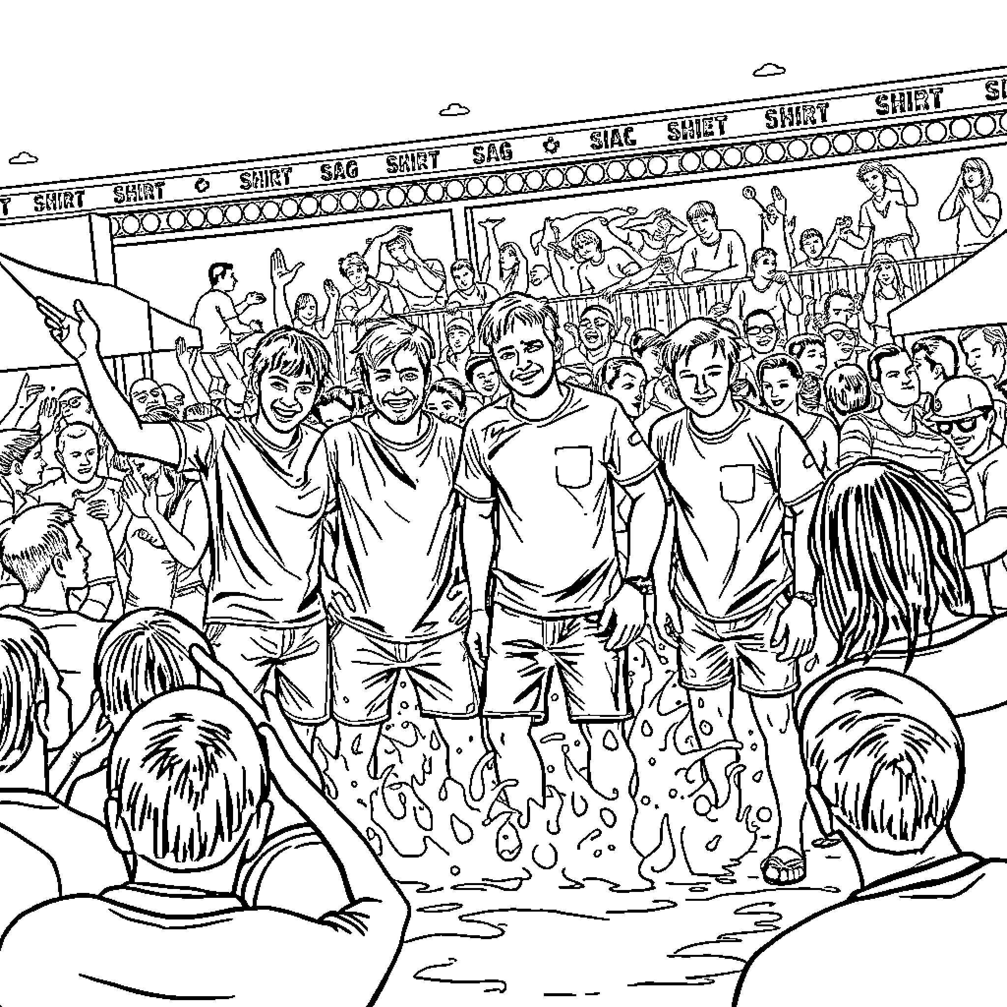 Tshirt-wearing fans cheering at a sports event Coloring Page (free black-and-white line drawing printable PDF for all, from beginners to advanced learners, including children, teens, adults, and seniors)