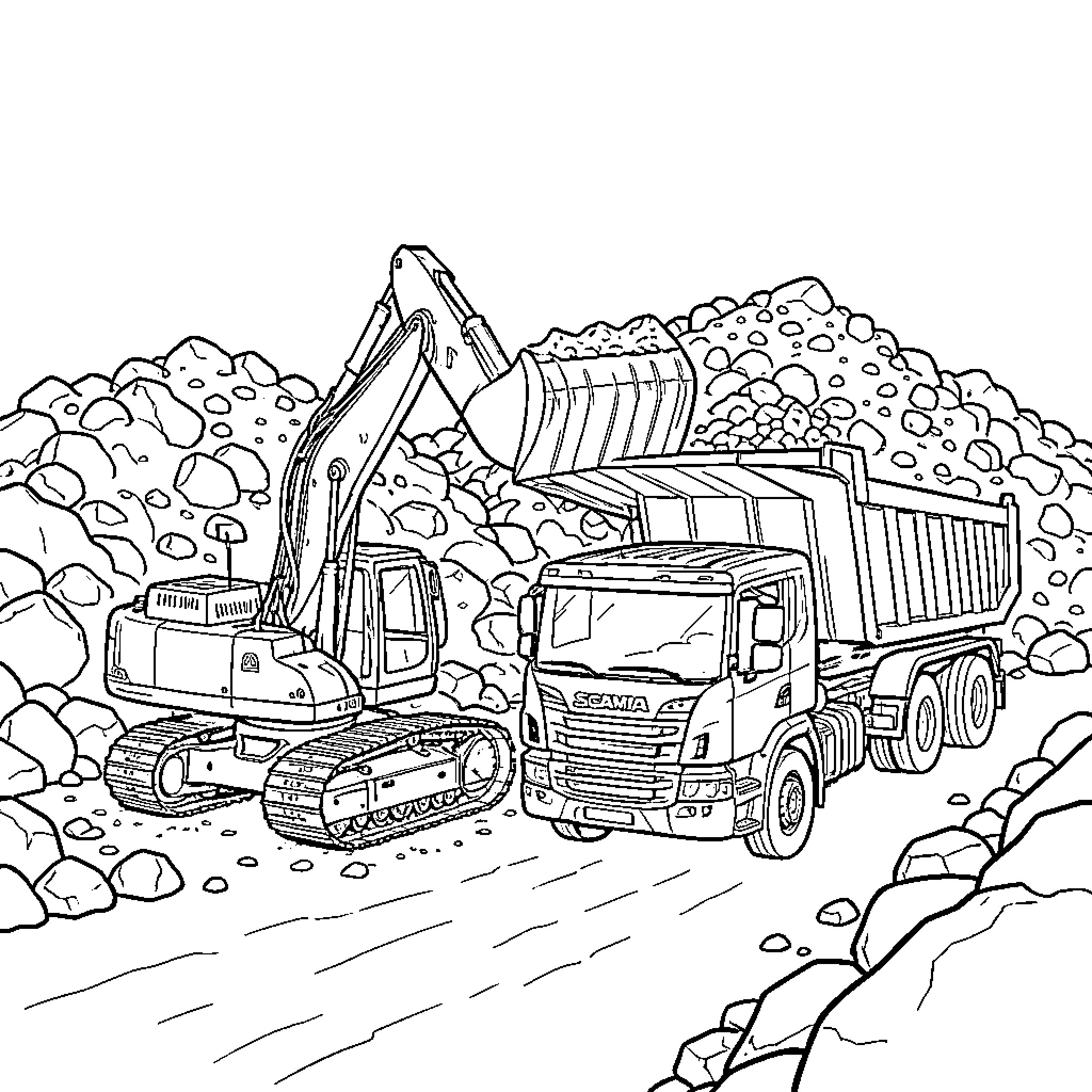 Pelleteuse loading rocks into a large dump truck Coloring Page (free black-and-white line drawing printable PDF for all, from beginners to advanced learners, including children, teens, adults, and seniors)