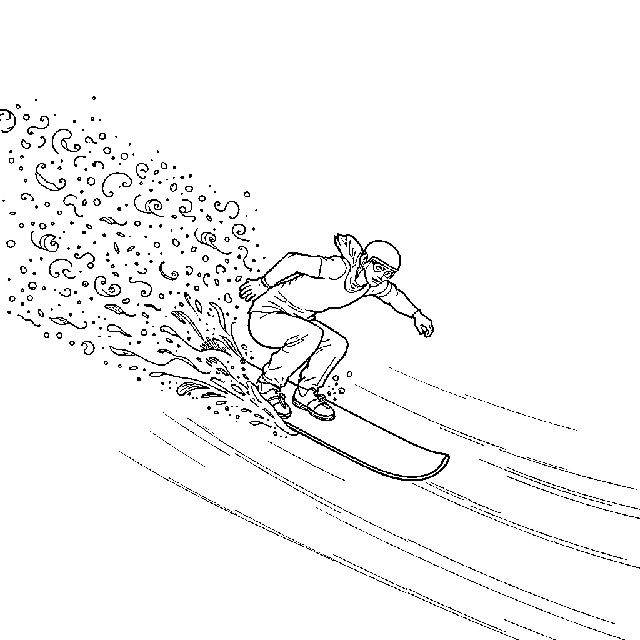 Skimboarding down the waves with energy Coloring Page (free black-and-white line drawing printable PDF for all, from beginners to advanced learners, including children, teens, adults, and seniors)