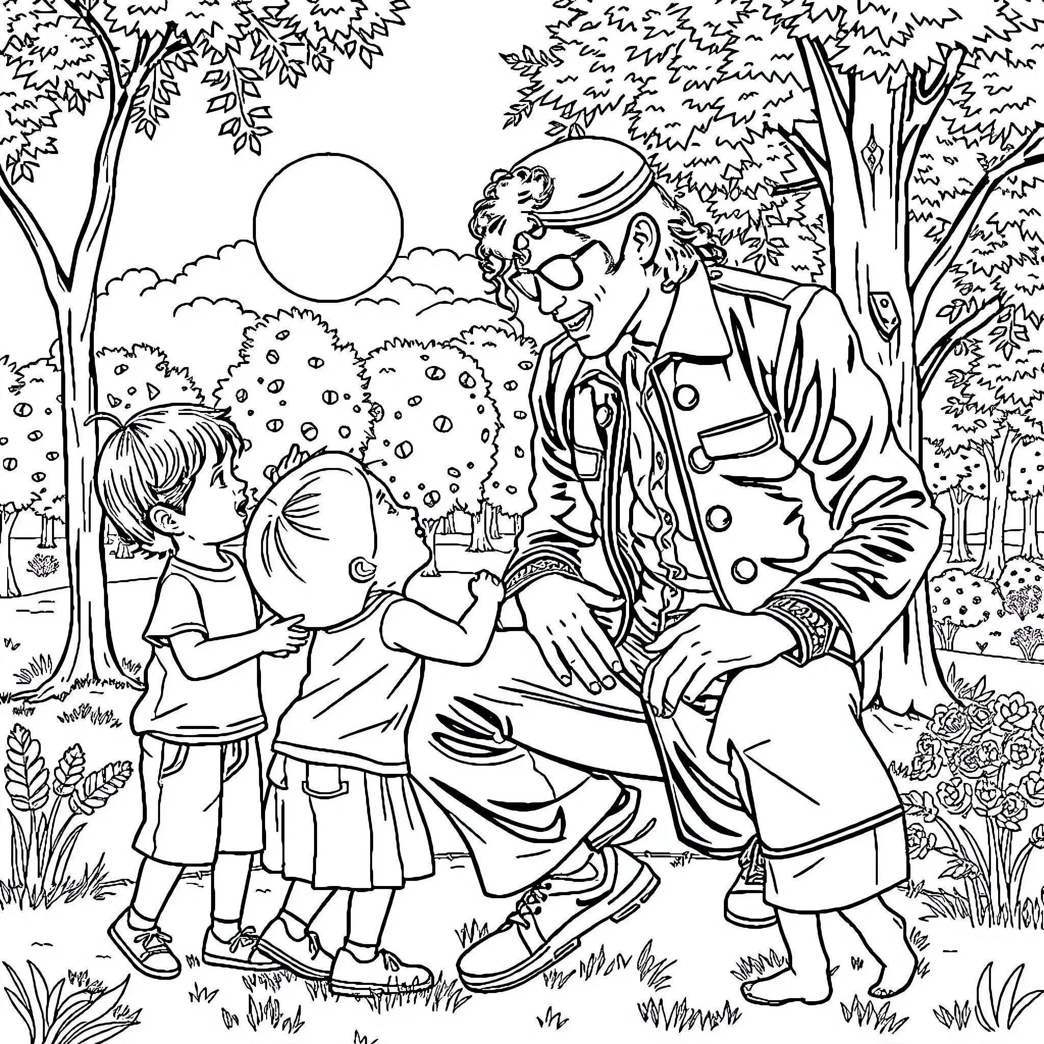 Michael Jackson interacting with children in a park Coloring Page (free black-and-white line drawing printable PDF for all, from beginners to advanced learners, including children, teens, adults, and seniors)