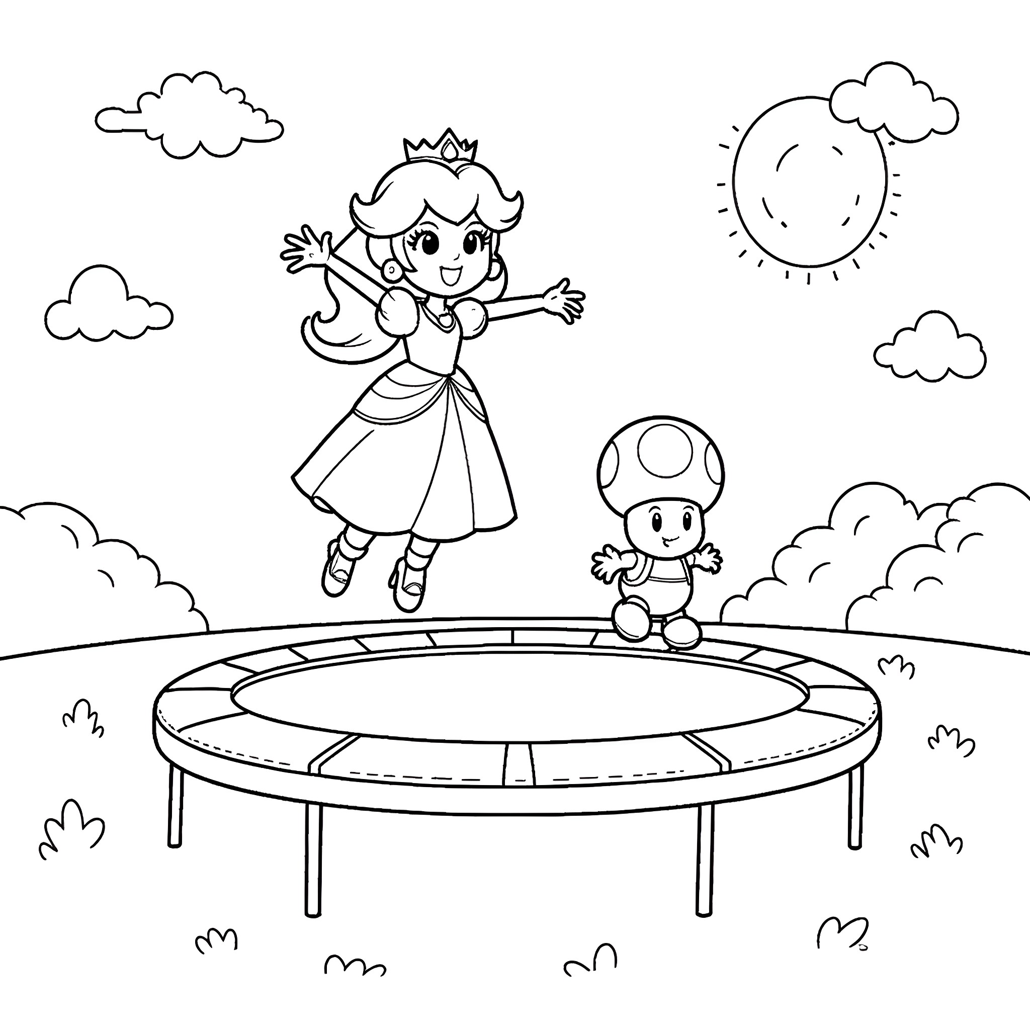 Princess jumping joyfully on trampoline with small companion Coloring Page (free black-and-white line drawing printable PDF for all, from beginners to advanced learners, including children, teens, adults, and seniors)