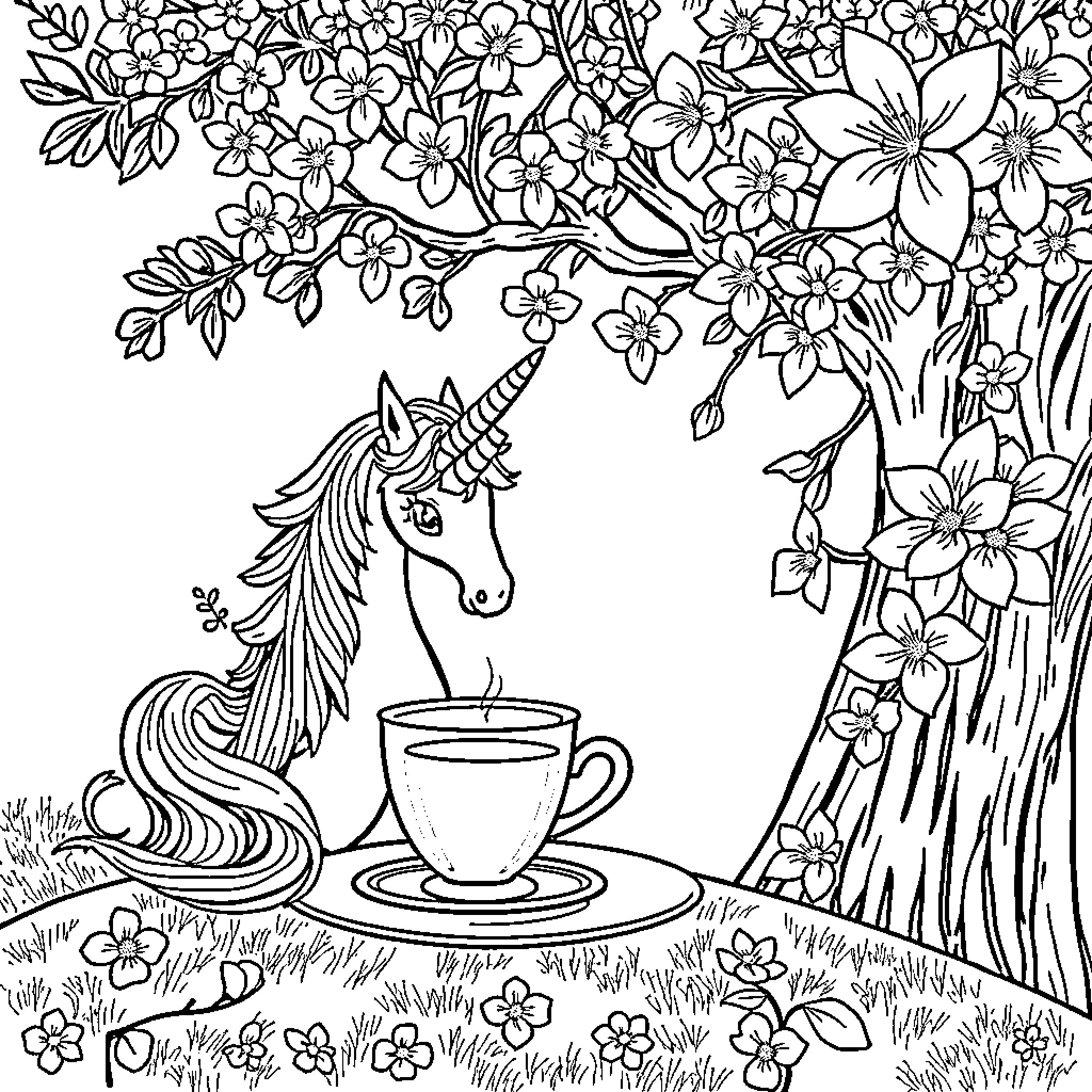 Unicorn enjoying tea in a flowery meadow Coloring Page (free black-and-white line drawing printable PDF for all, from beginners to advanced learners, including children, teens, adults, and seniors)