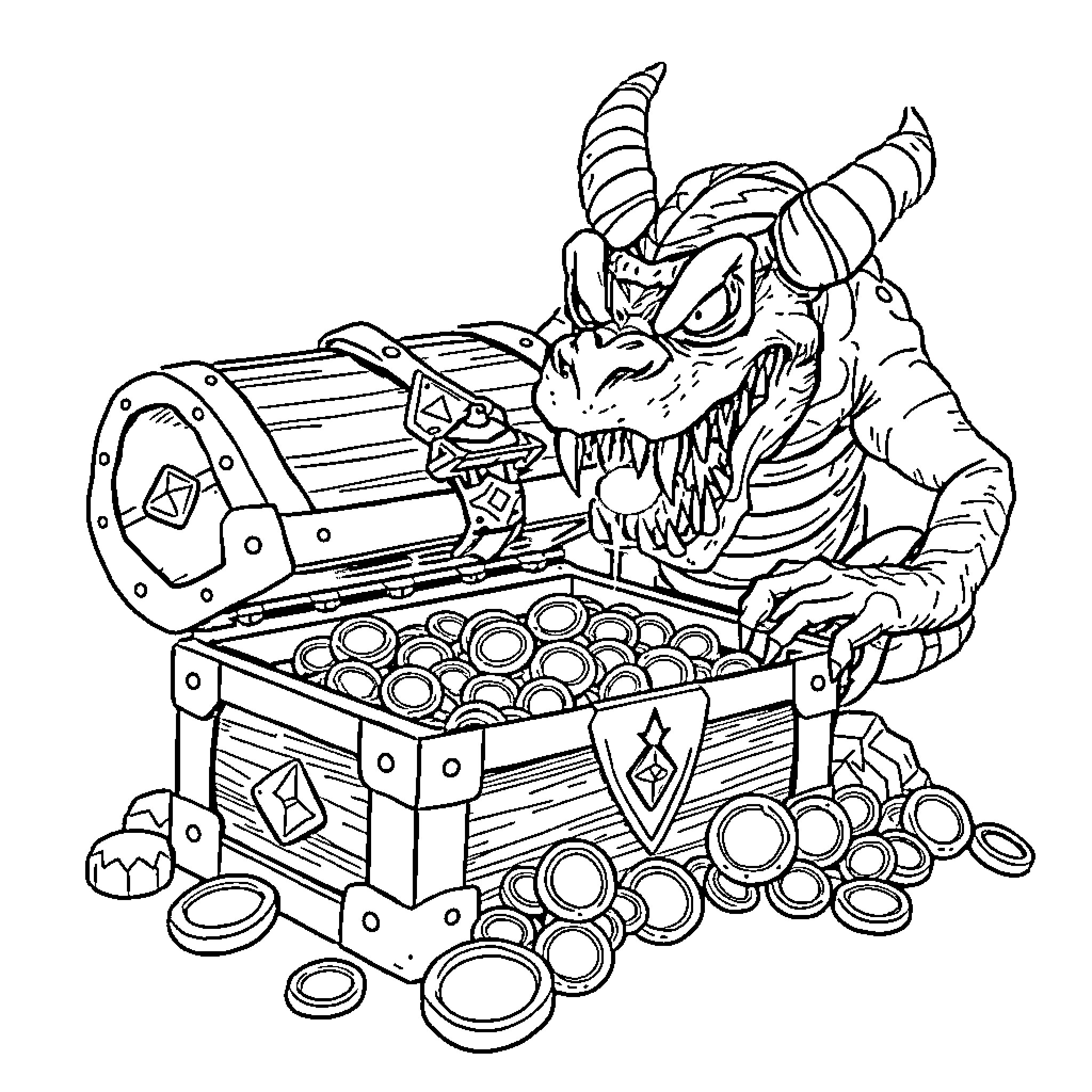 Monster guarding a treasure chest full of gold coins Coloring Page (free black-and-white line drawing printable PDF for all, from beginners to advanced learners, including children, teens, adults, and seniors)