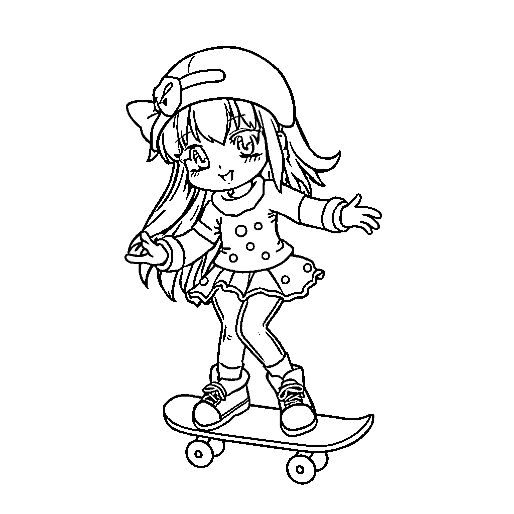 Kuromi skateboarding with a cheerful expression Coloring Page (free black-and-white line drawing printable PDF for all, from beginners to advanced learners, including children, teens, adults, and seniors)