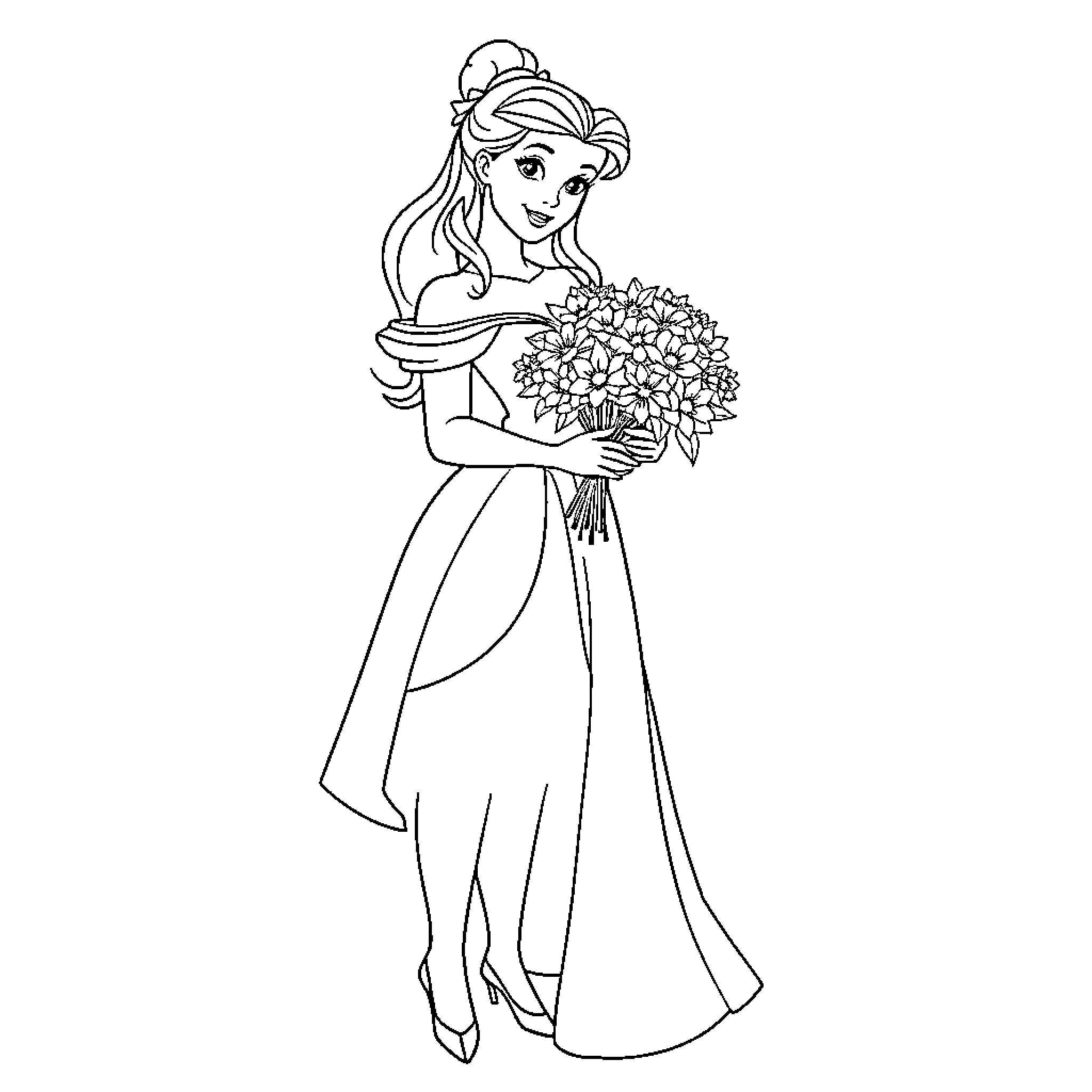 Belle holding a bouquet of flowers Coloring Page (free black-and-white line drawing printable PDF for all, from beginners to advanced learners, including children, teens, adults, and seniors)
