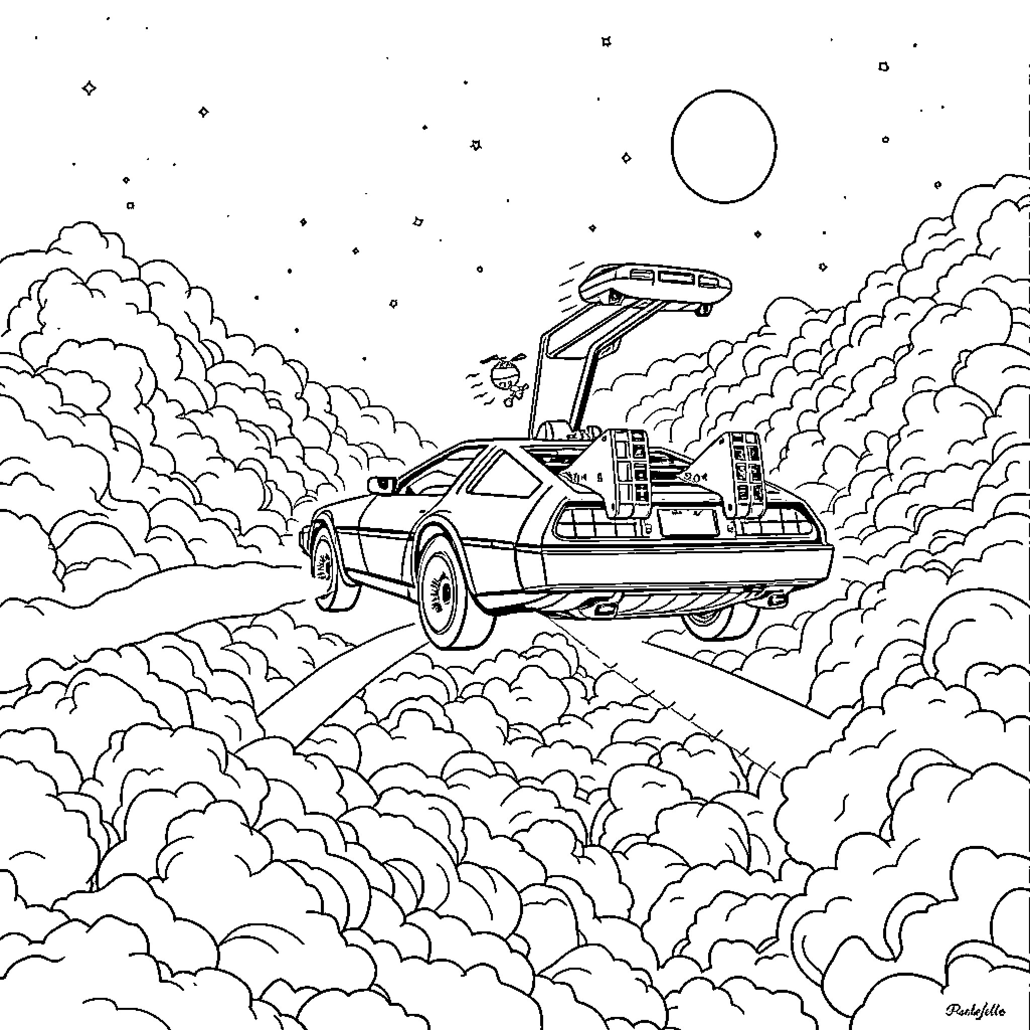 DeLorean car soaring through the futuristic clouds Coloring Page (free black-and-white line drawing printable PDF for all, from beginners to advanced learners, including children, teens, adults, and seniors)