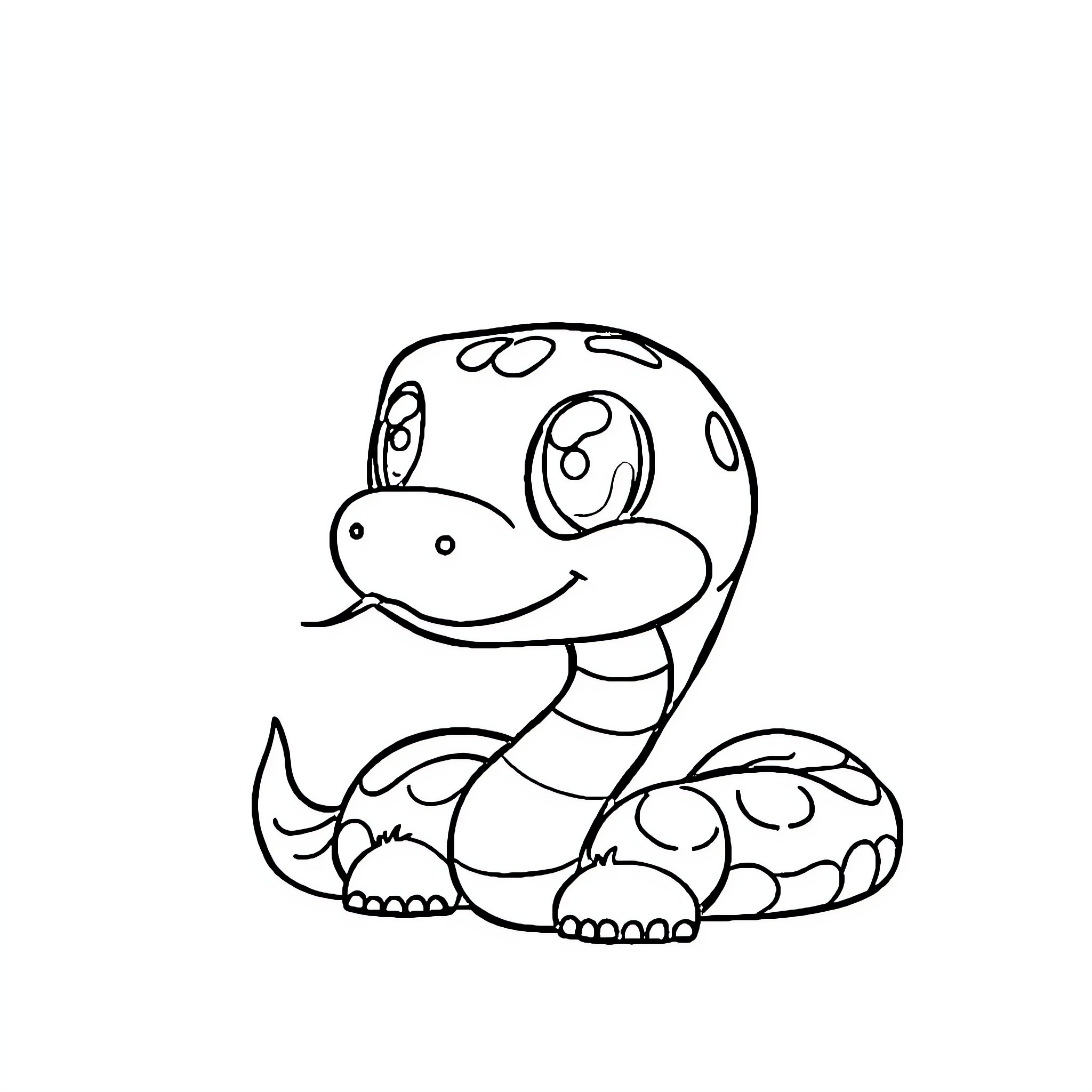 Snake cheerfully coiled in cartoon-style Coloring Page (free black-and-white line drawing printable PDF for all, from beginners to advanced learners, including children, teens, adults, and seniors)