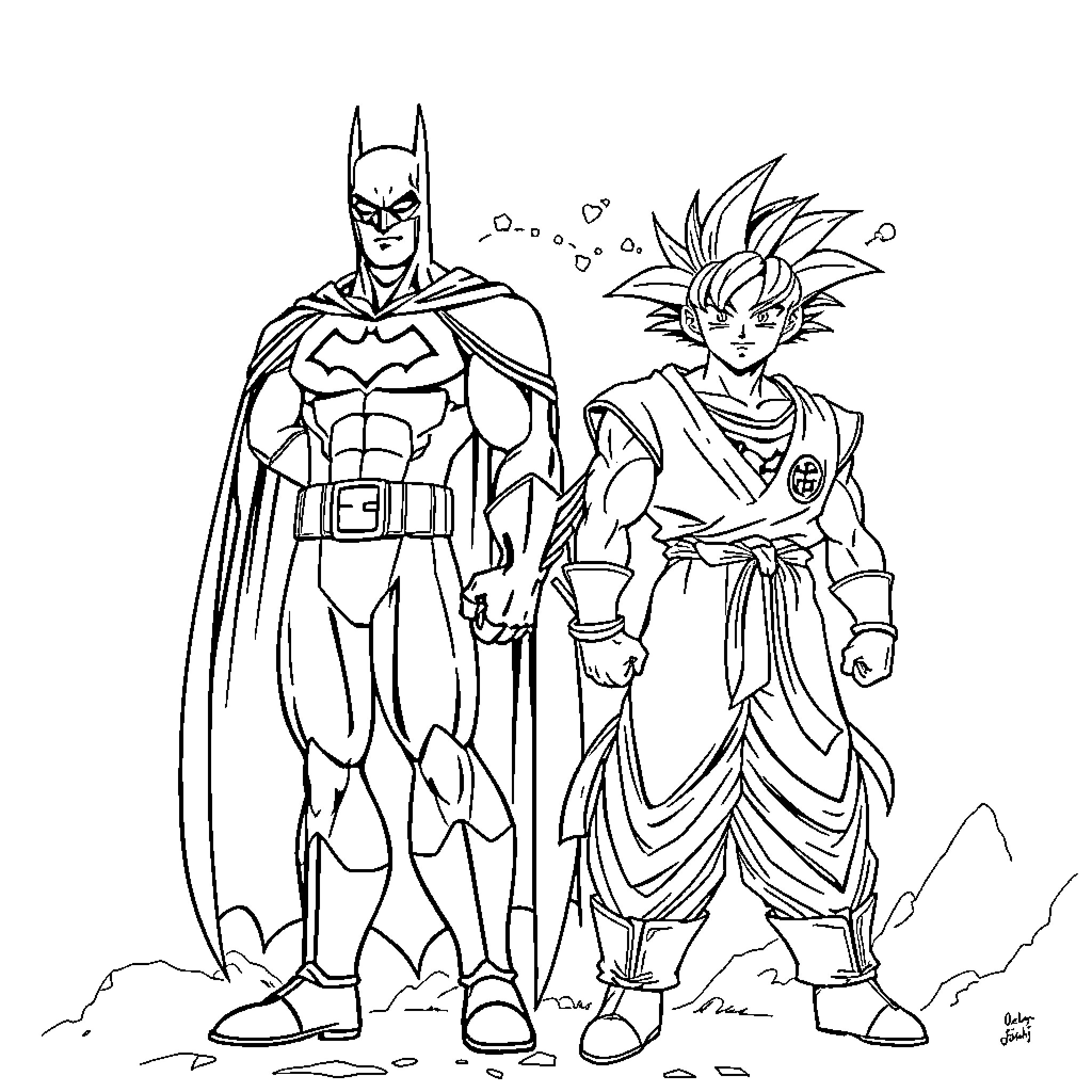 Batman and Dragon Ball Z Character Standing Together Coloring Page (free black-and-white line drawing printable PDF for all, from beginners to advanced learners, including children, teens, adults, and seniors)