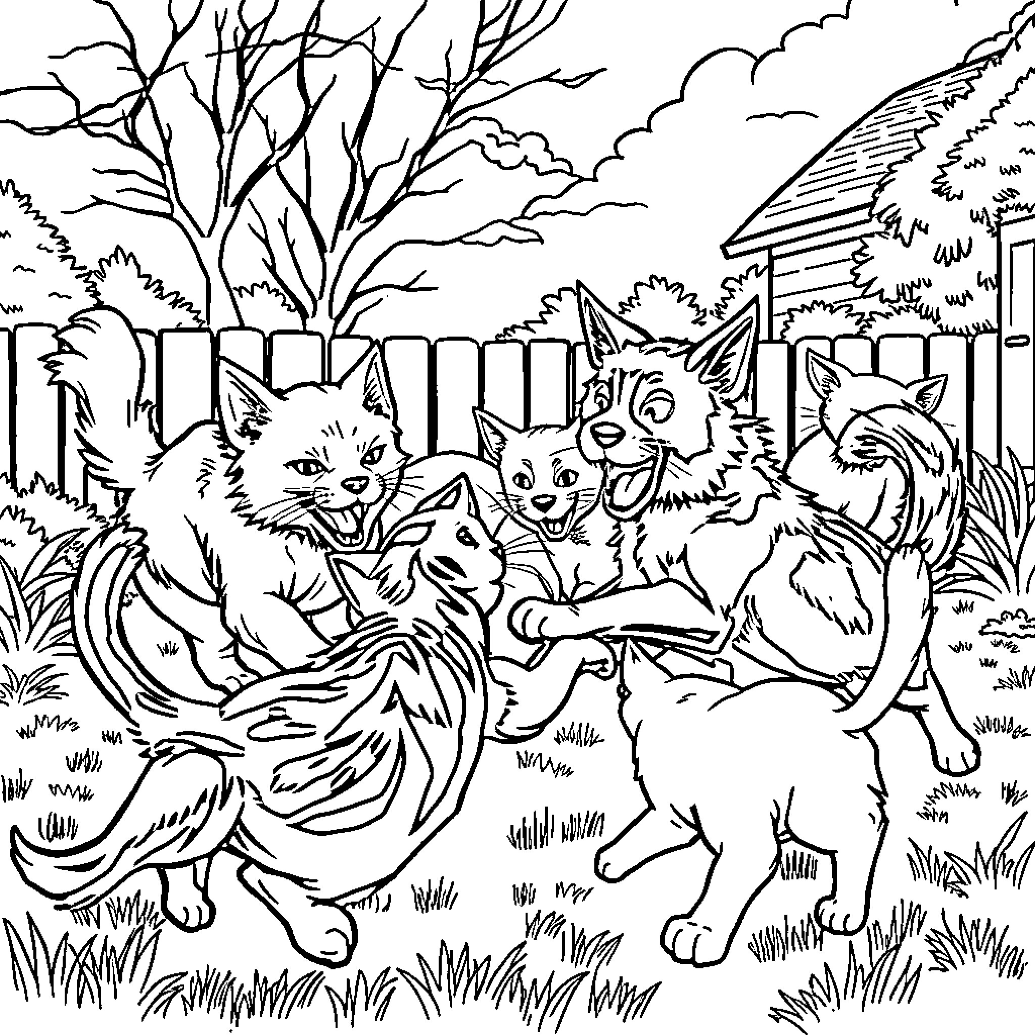 Cats in the Country Landscape Coloring Page (free black-and-white line drawing printable PDF for all, from beginners to advanced learners, including children, teens, adults, and seniors)