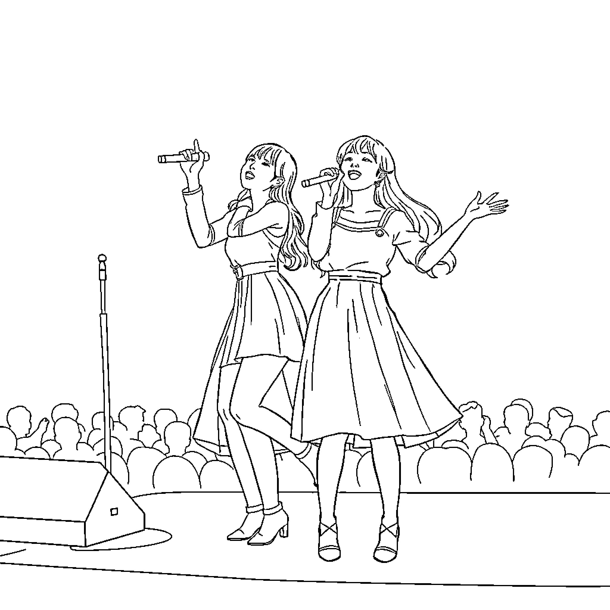 Rumi's Lively Performance with Friend on Stage Coloring Page (free black-and-white line drawing printable PDF for all, from beginners to advanced learners, including children, teens, adults, and seniors)