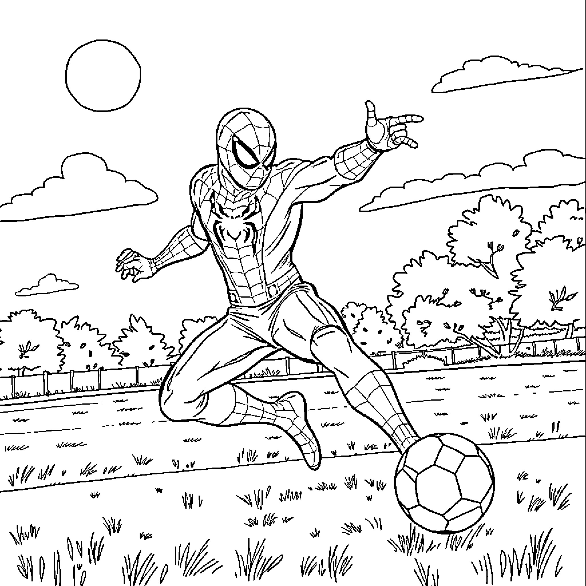 Spiderman playing soccer in a scenic outdoor setting Coloring Page (free black-and-white line drawing printable PDF for all, from beginners to advanced learners, including children, teens, adults, and seniors)