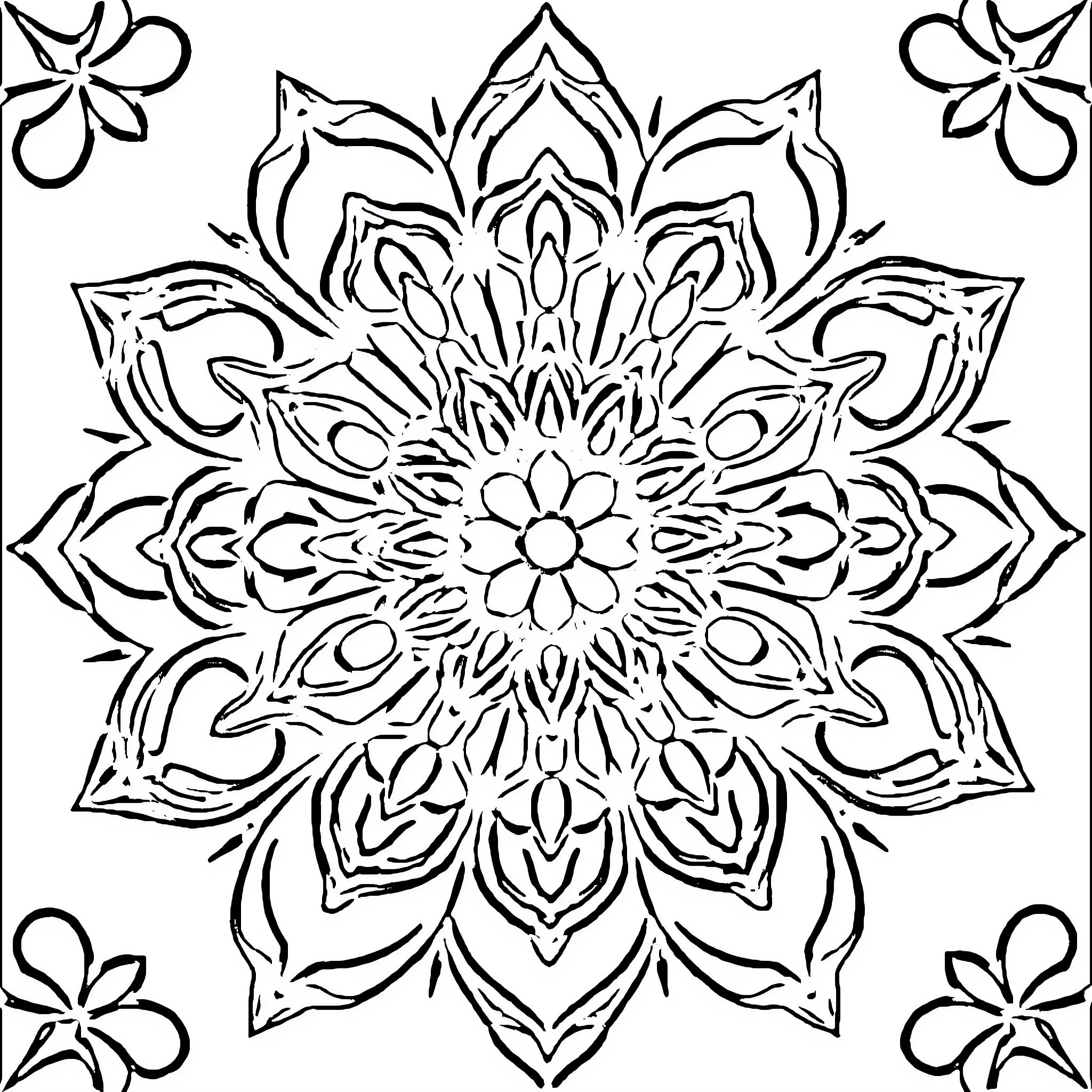 Mandala of intricate floral patterns Coloring Page (free black-and-white line drawing printable PDF for all, from beginners to advanced learners, including children, teens, adults, and seniors)