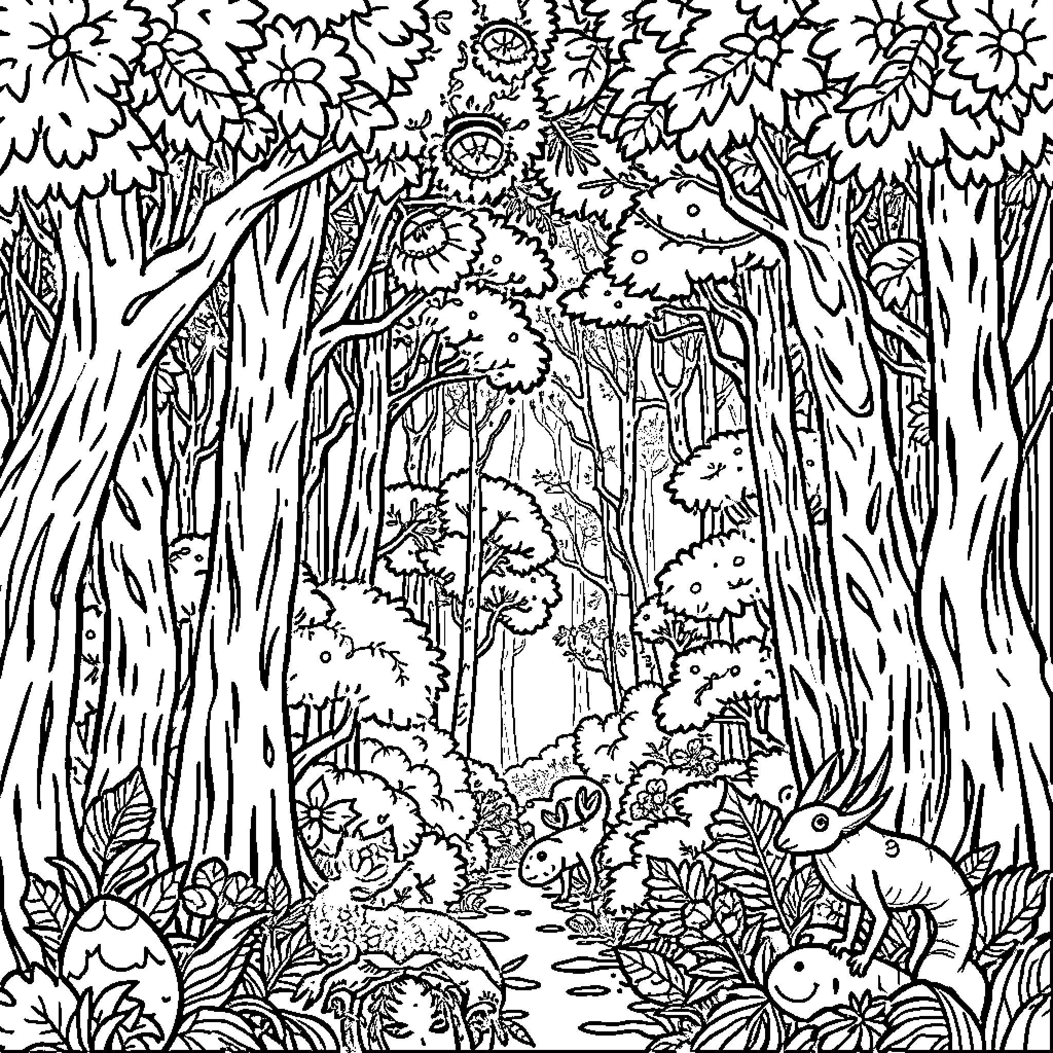 Forest Teeming with Whimsical Wildlife Coloring Page (free black-and-white line drawing printable PDF for all, from beginners to advanced learners, including children, teens, adults, and seniors)