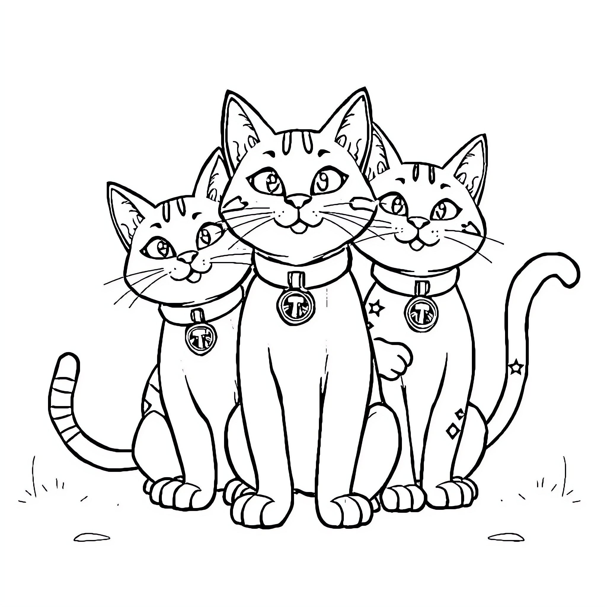 Paw Patrol Kittens Sitting Together Coloring Page (free black-and-white line drawing printable PDF for all, from beginners to advanced learners, including children, teens, adults, and seniors)