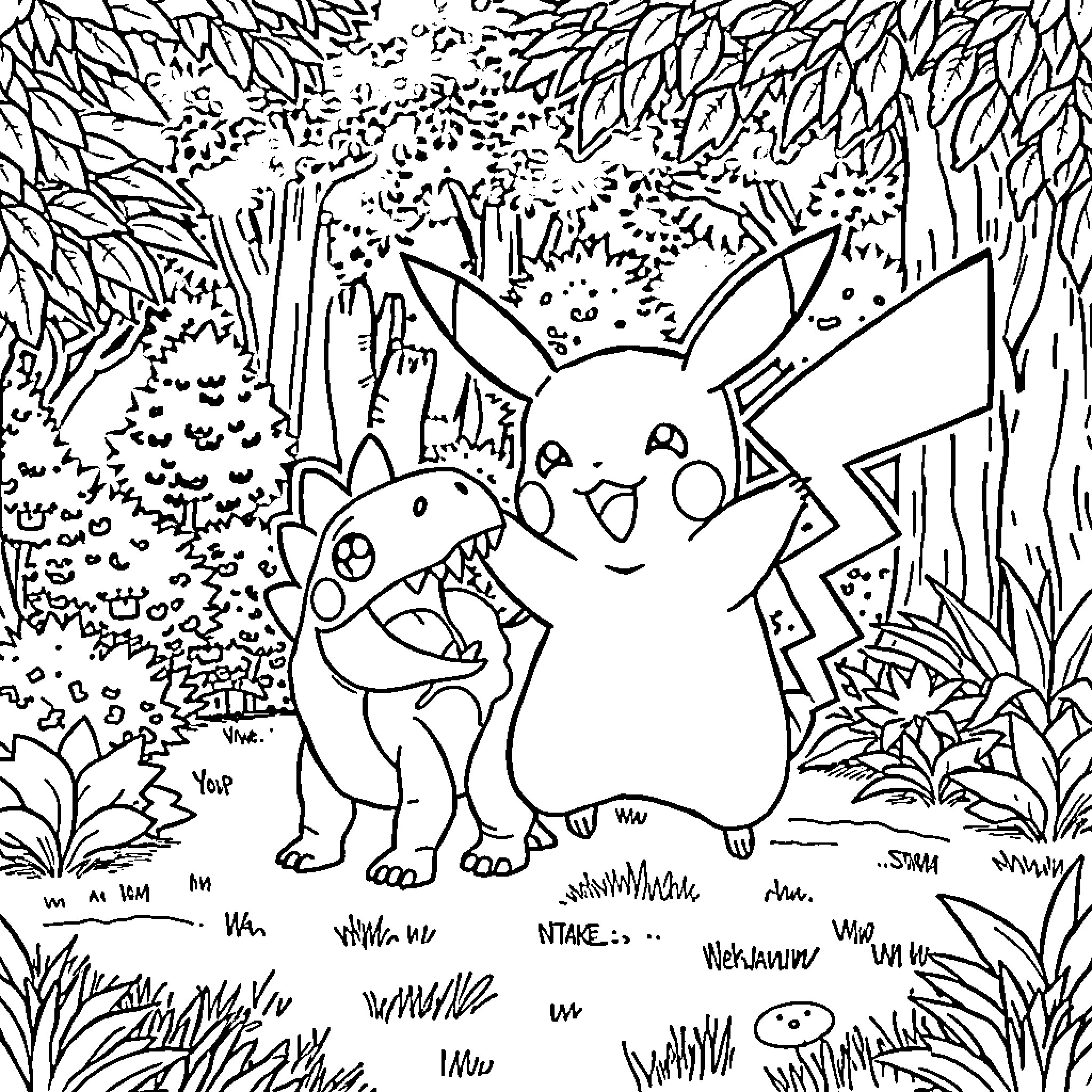 Pikachu and friends exploring the forest Coloring Page (free black-and-white line drawing printable PDF for all, from beginners to advanced learners, including children, teens, adults, and seniors)