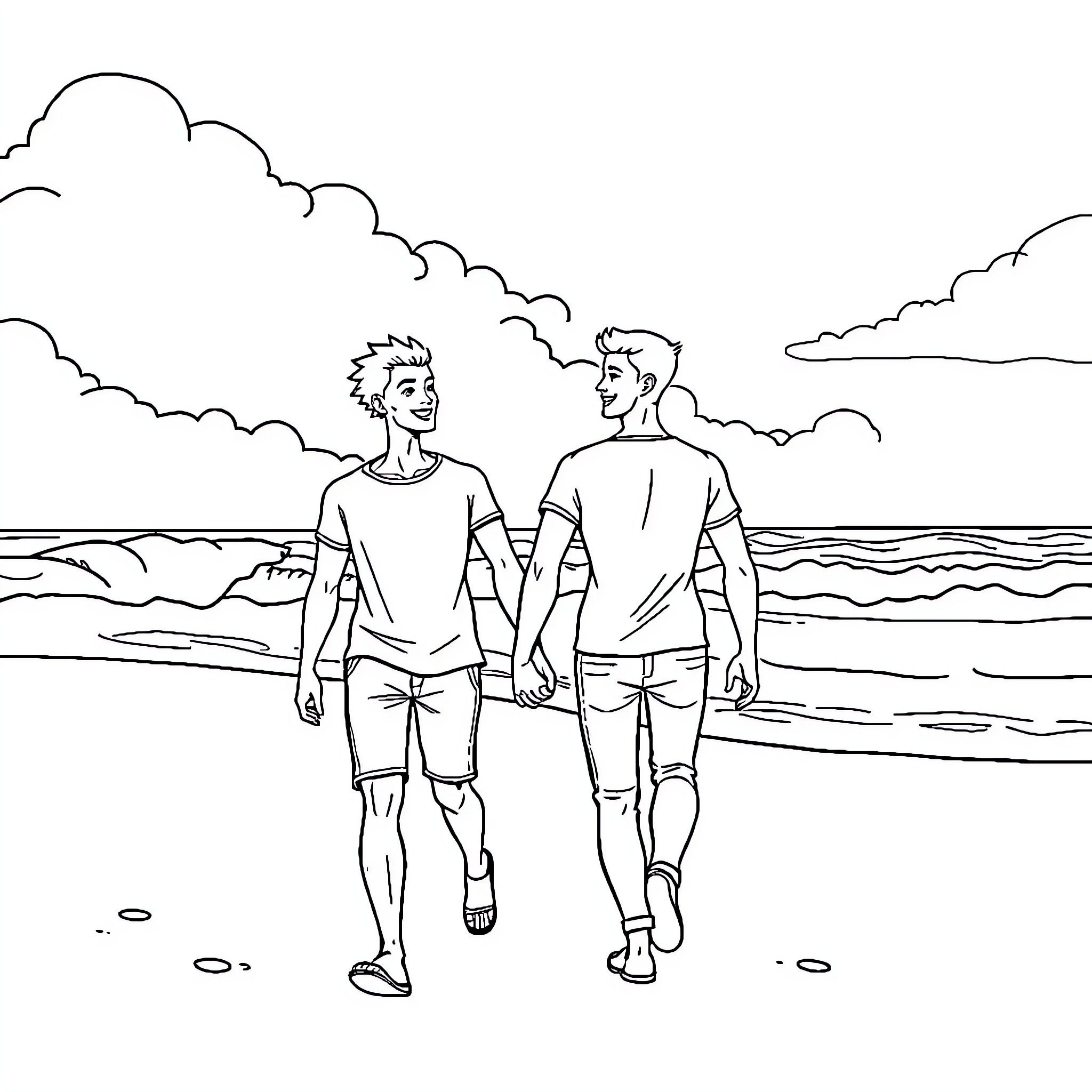 Couple enjoying scenic beach walk Coloring Page (free black-and-white line drawing printable PDF for all, from beginners to advanced learners, including children, teens, adults, and seniors)