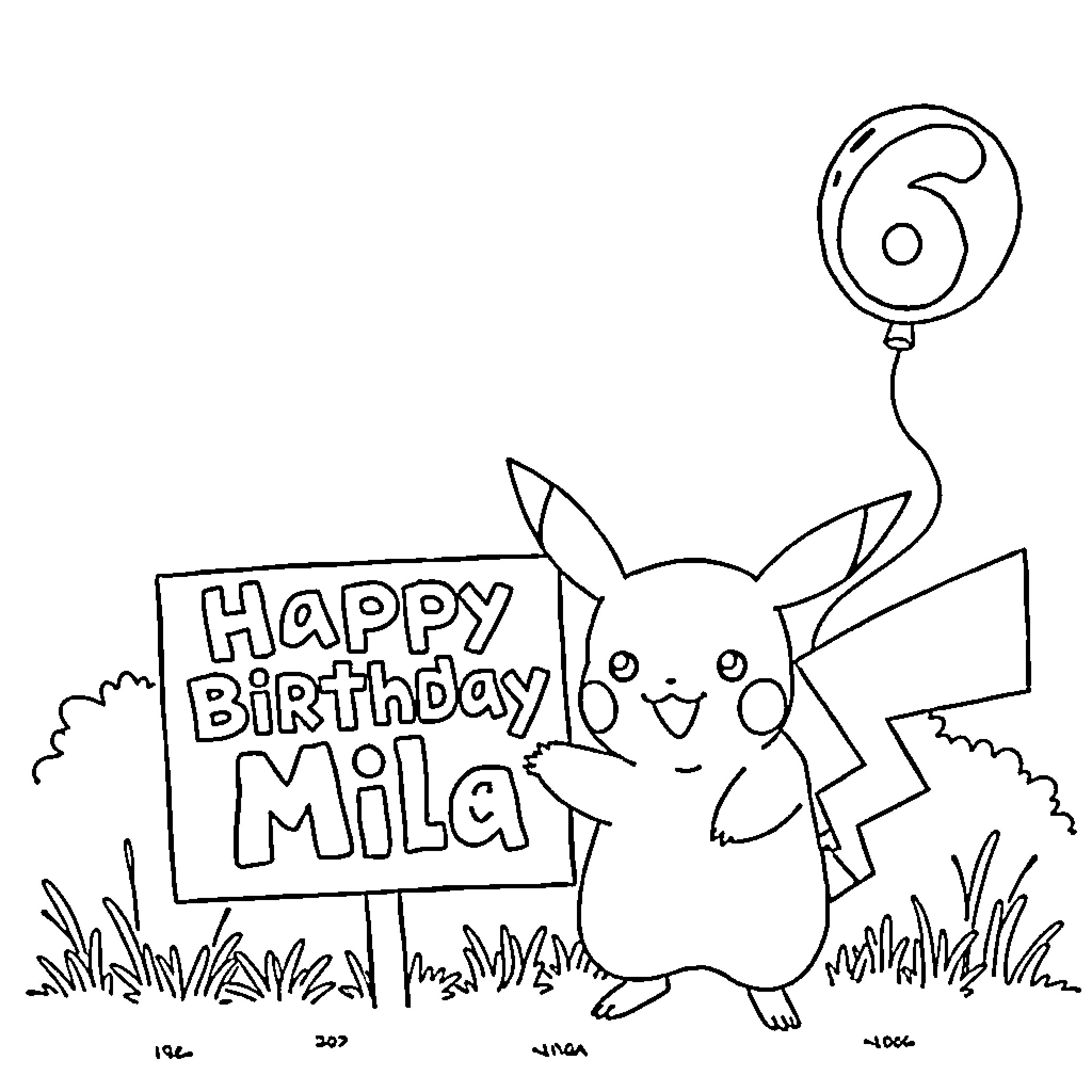 Pikachu celebrates Happy Birthday for Mila Coloring Page (free black-and-white line drawing printable PDF for all, from beginners to advanced learners, including children, teens, adults, and seniors)