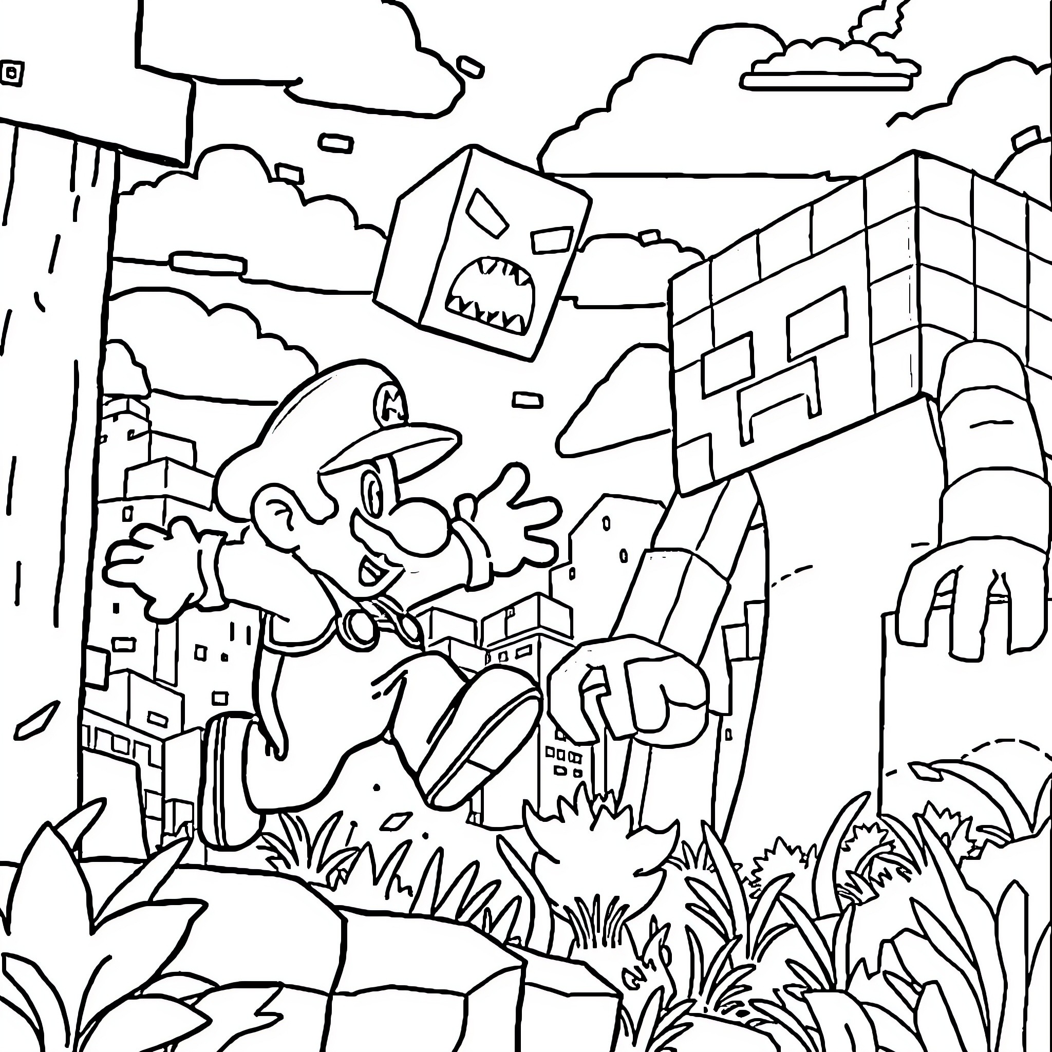 Mario's Adventurous Explorations in the City Coloring Page (free black-and-white line drawing printable PDF for all, from beginners to advanced learners, including children, teens, adults, and seniors)