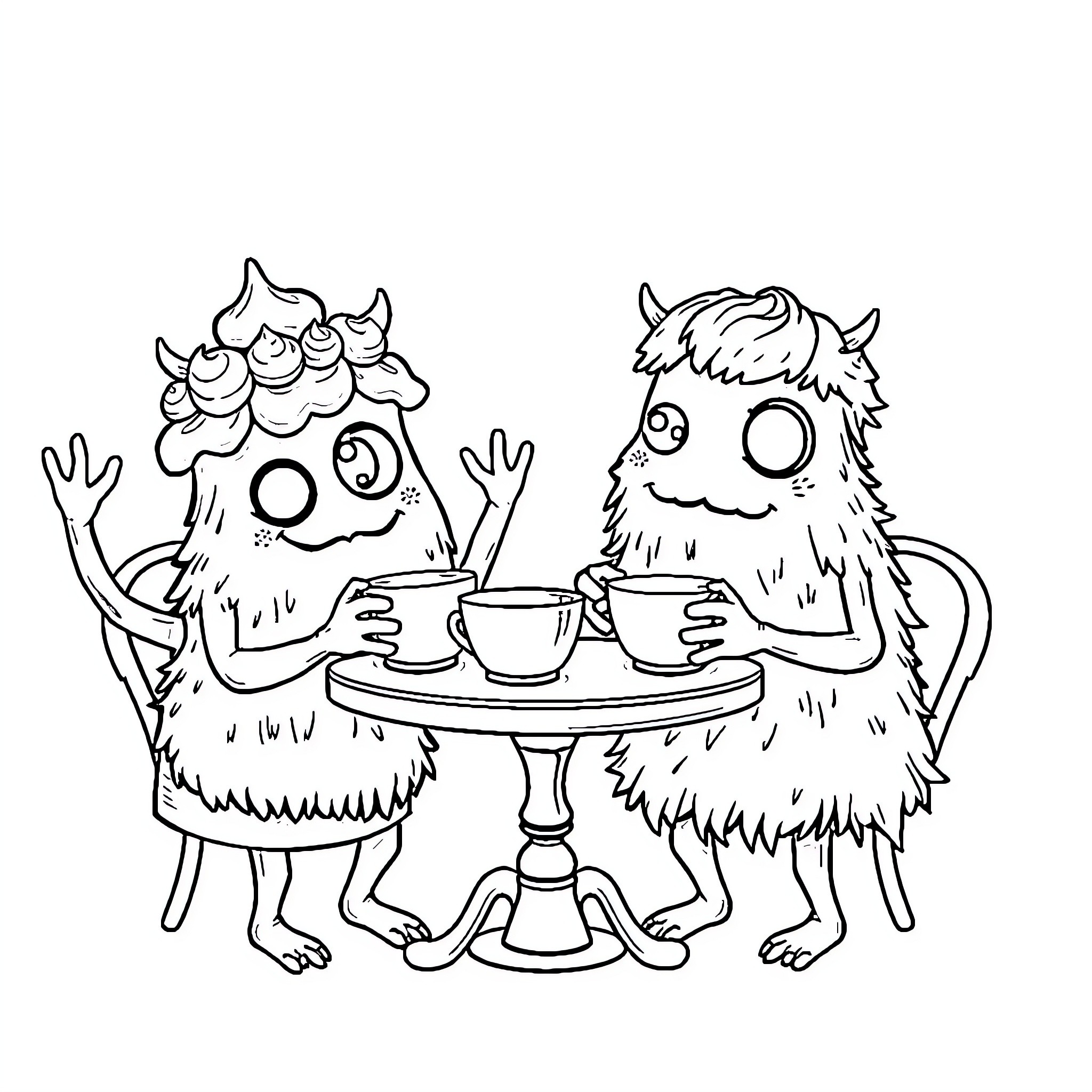 Cupcake Monster Friends Enjoying Tea Party Coloring Page (free black-and-white line drawing printable PDF for all, from beginners to advanced learners, including children, teens, adults, and seniors)