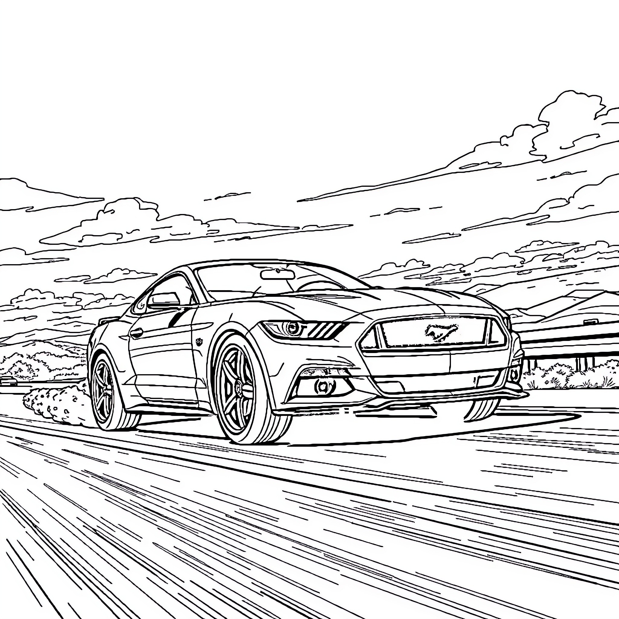 Mustang speeding through the scenic countryside Coloring Page (free black-and-white line drawing printable PDF for all, from beginners to advanced learners, including children, teens, adults, and seniors)