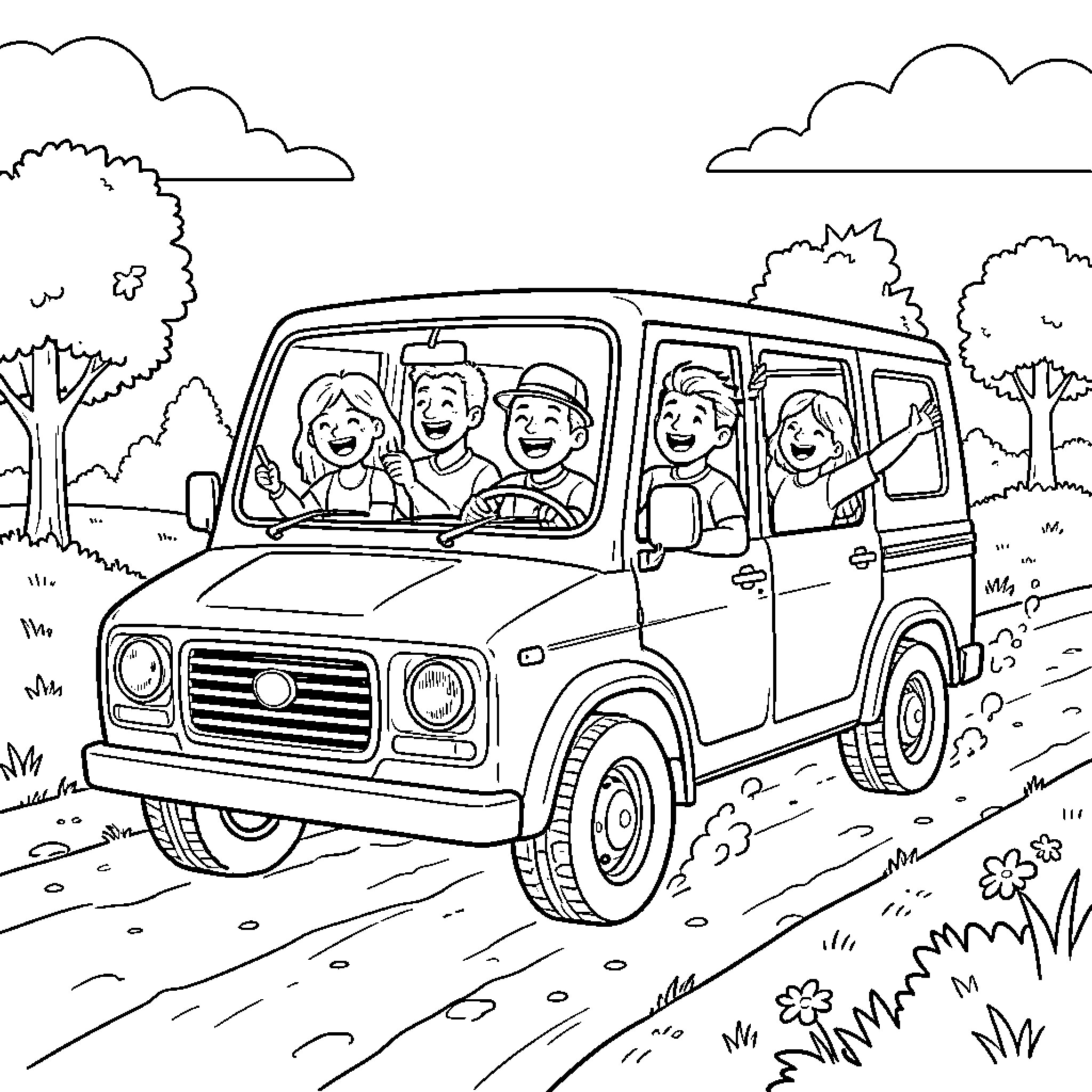 Sxs happy group of friends driving in a van Coloring Page (free black-and-white line drawing printable PDF for all, from beginners to advanced learners, including children, teens, adults, and seniors)