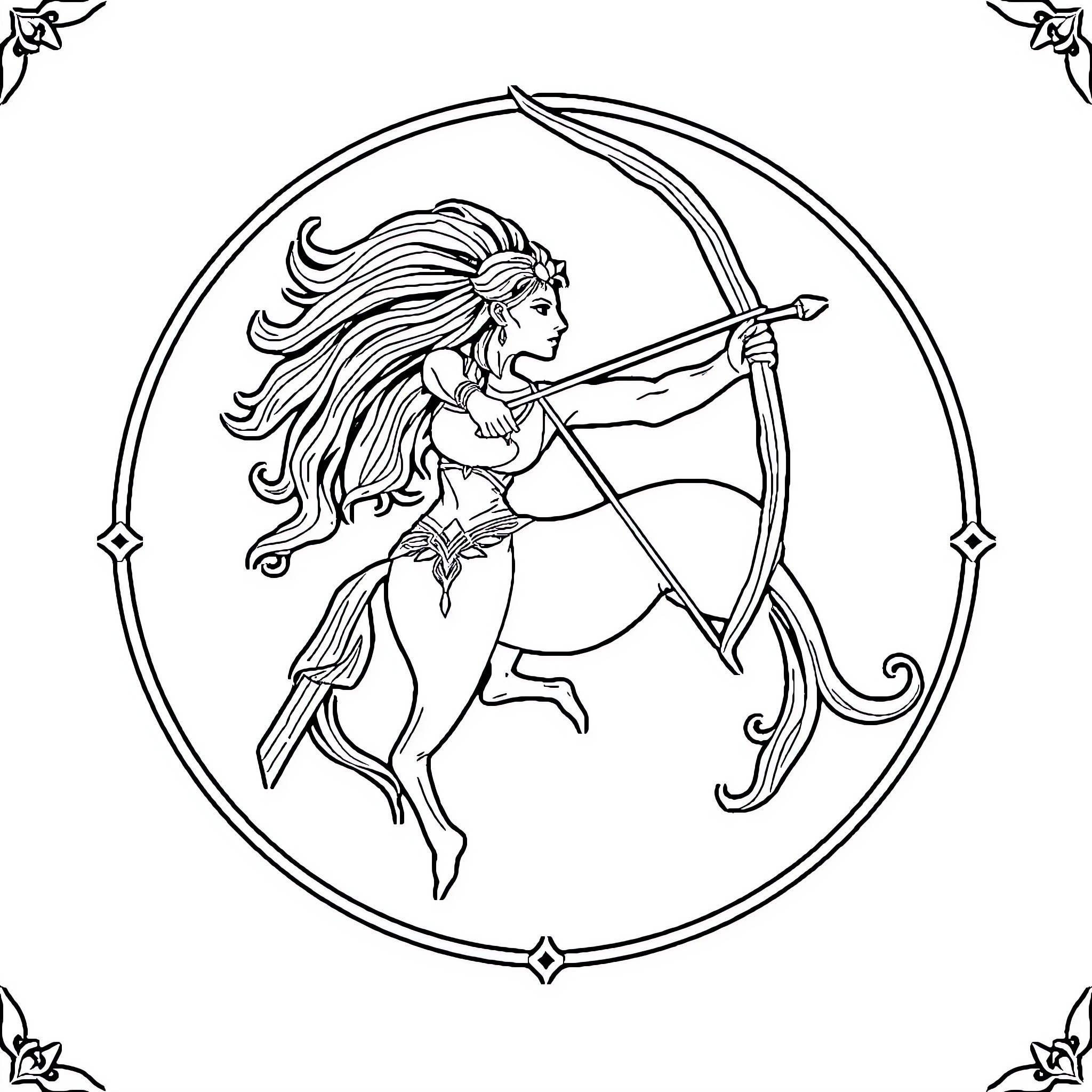 Sagittarius warrior princess aiming her bow Coloring Page (free black-and-white line drawing printable PDF for all, from beginners to advanced learners, including children, teens, adults, and seniors)